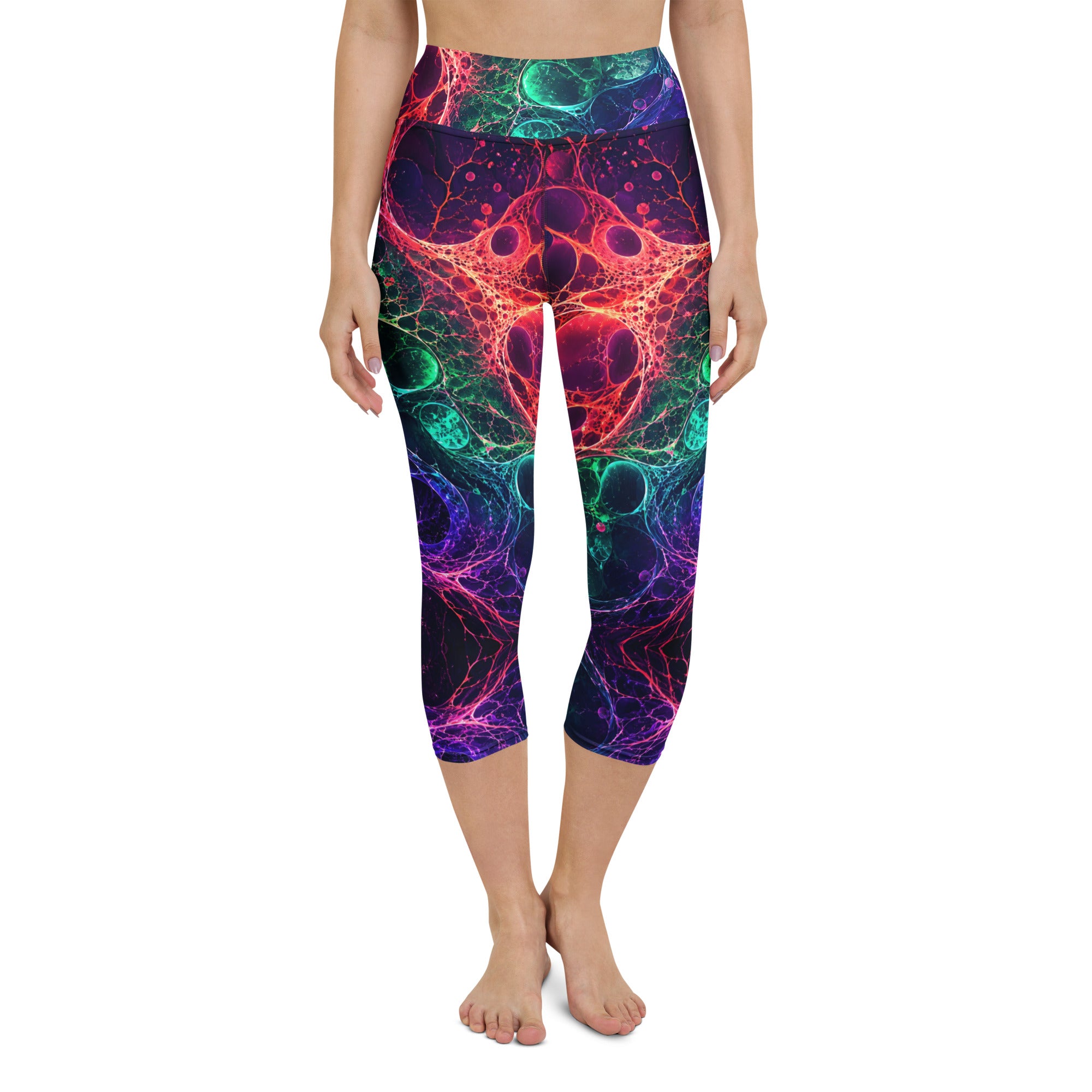 Yoga Capri Leggings - Psychedelic Cosmic Bioluminescence - Premium Neon Fluid Abstract Art Design by printfluence.net