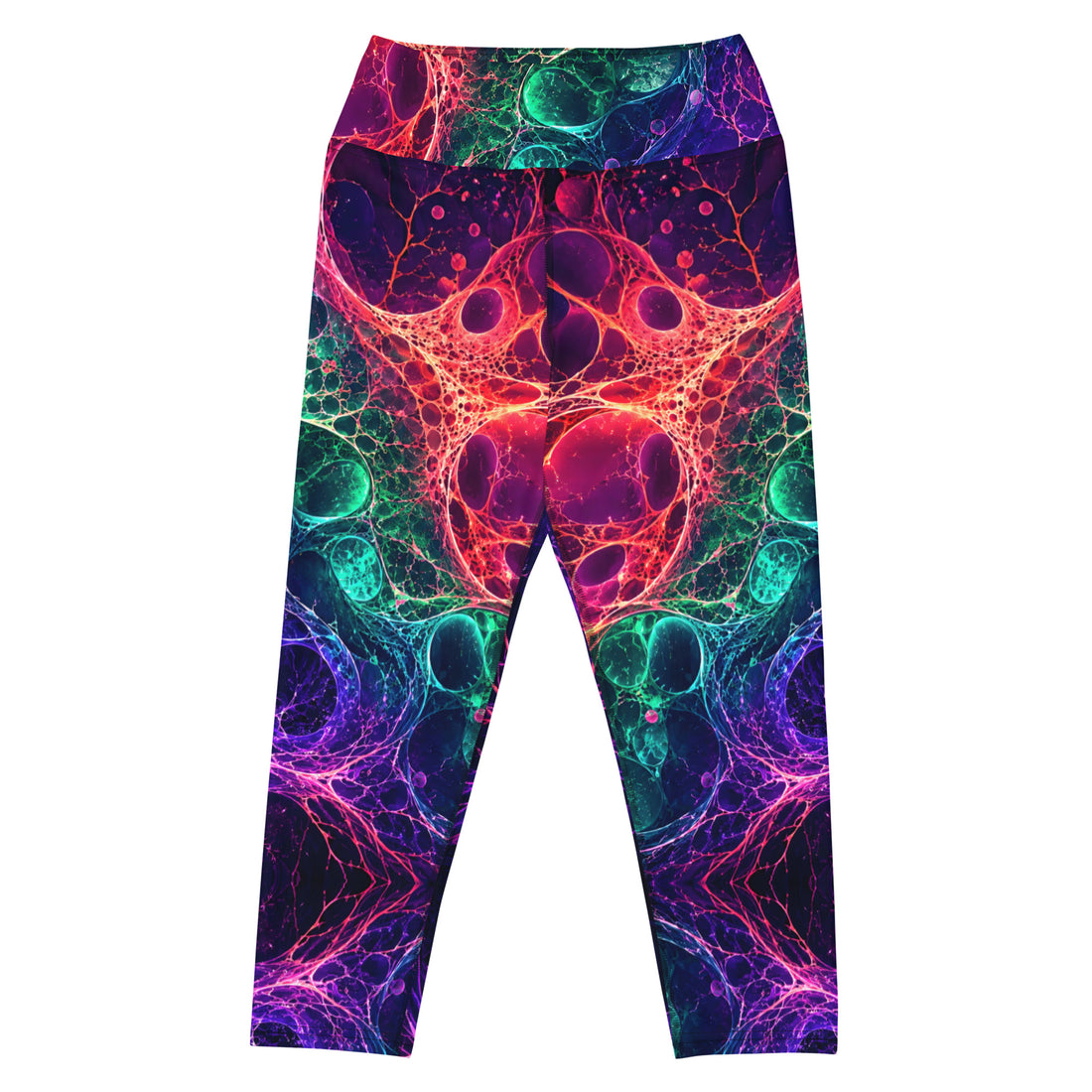 Yoga Capri Leggings - Psychedelic Cosmic Bioluminescence - Premium Neon Fluid Abstract Art Design by printfluence.net