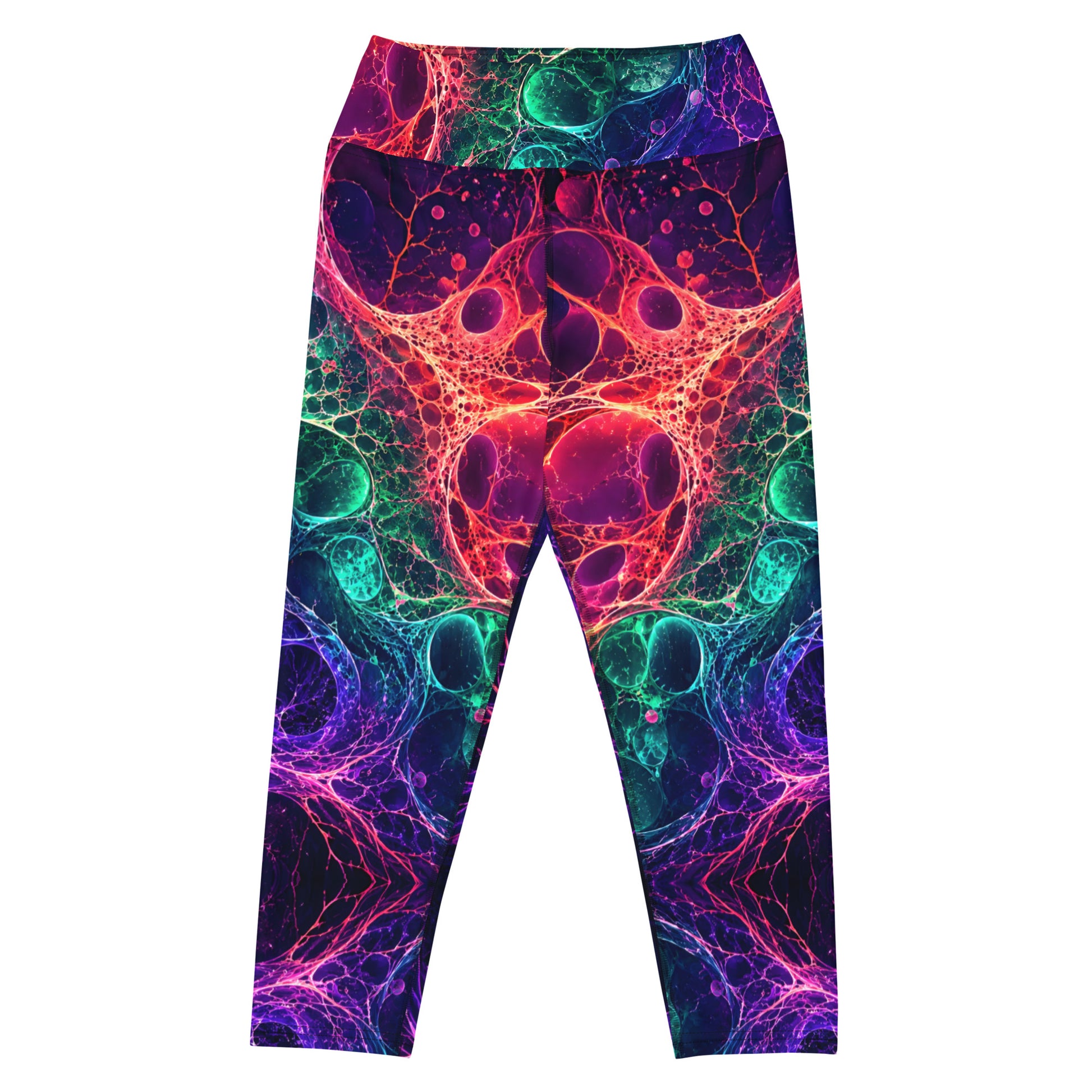 Yoga Capri Leggings - Psychedelic Cosmic Bioluminescence - Premium Neon Fluid Abstract Art Design by printfluence.net