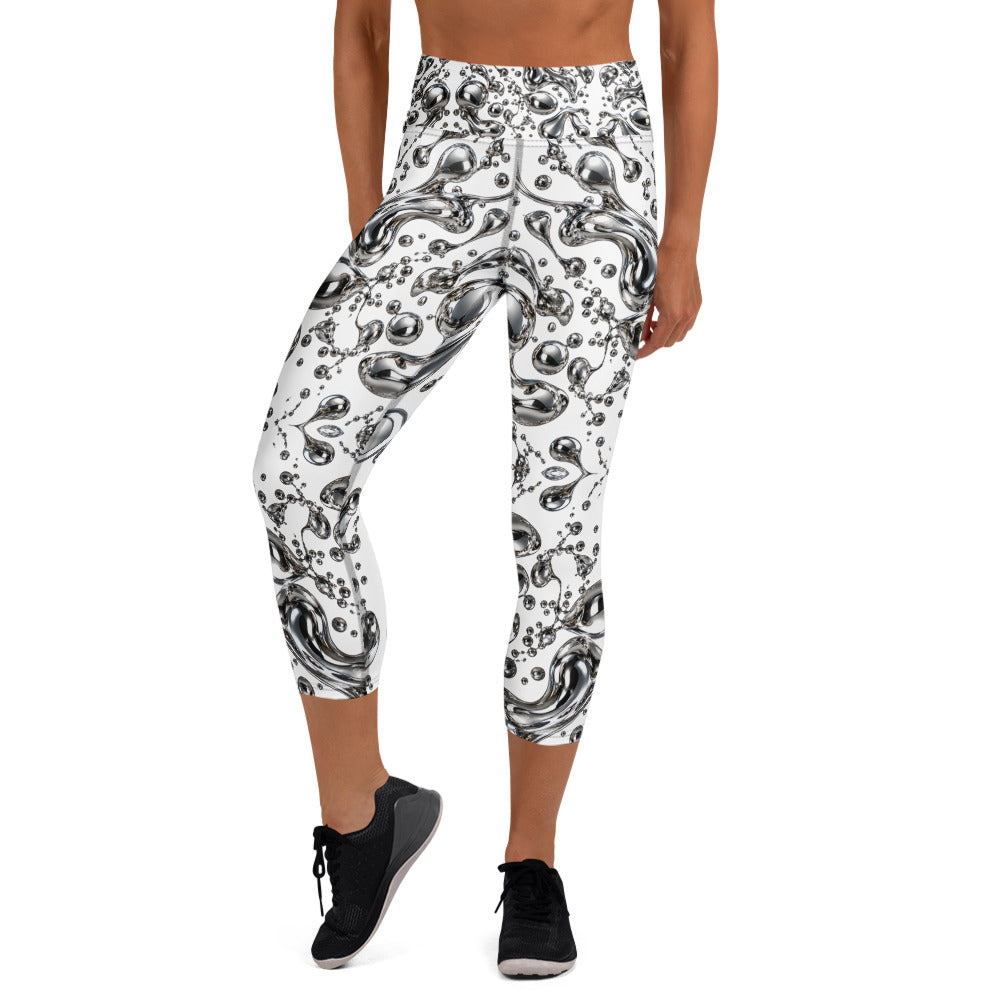 Heritage Bloom Lovers | All-Over Print Yoga Capri Leggings — Liquid Silver Chrome and Reflective Metallic Drop Pattern by printfluence