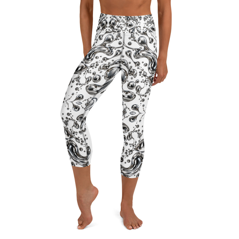 Heritage Bloom Lovers | All-Over Print Yoga Capri Leggings — Liquid Silver Chrome and Reflective Metallic Drop Pattern by printfluence