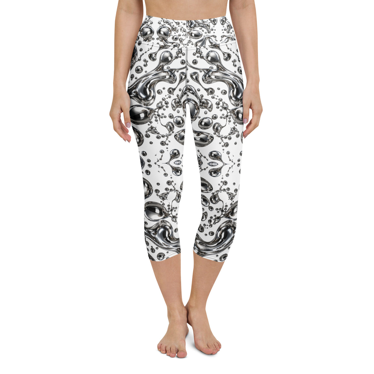 Heritage Bloom Lovers | All-Over Print Yoga Capri Leggings — Liquid Silver Chrome and Reflective Metallic Drop Pattern by printfluence