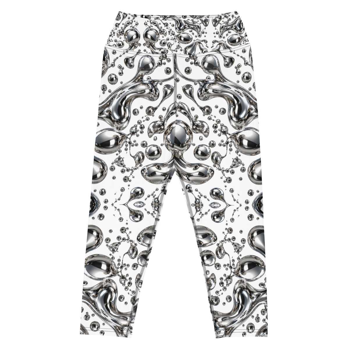 Heritage Bloom Lovers | All-Over Print Yoga Capri Leggings — Liquid Silver Chrome and Reflective Metallic Drop Pattern by printfluence