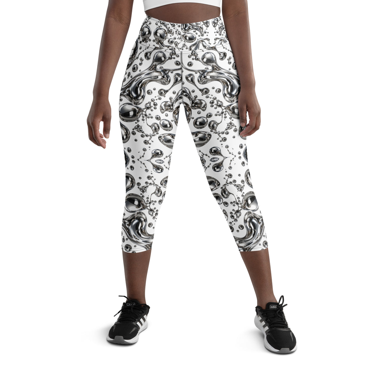 Heritage Bloom Lovers | All-Over Print Yoga Capri Leggings — Liquid Silver Chrome and Reflective Metallic Drop Pattern by printfluence