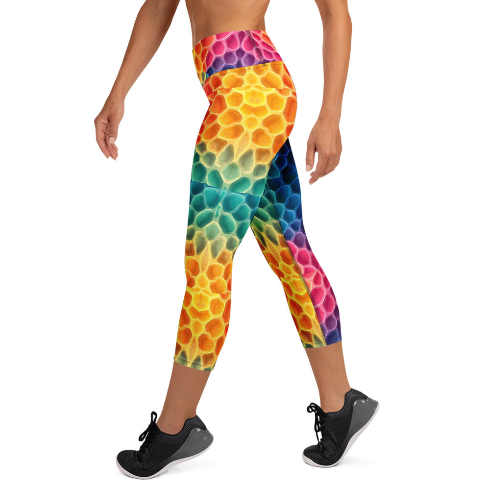 Yoga Capri Leggings - Rainbow Honeycomb Cells Leggings – Vibrant Hexagon Pattern Yoga Pants by printfluence.net