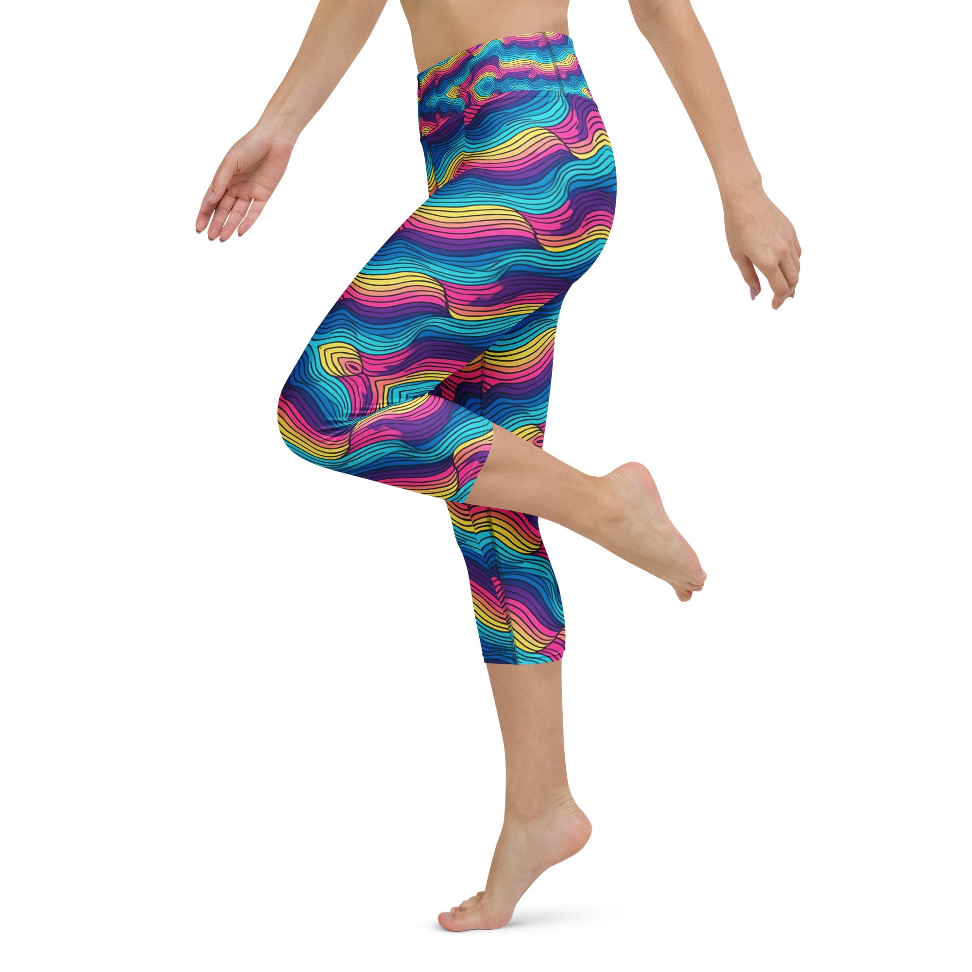 Yoga Capri Leggings - Ocean Dream Wave Leggings – Blue Pink Purple Flow by printfluence.net