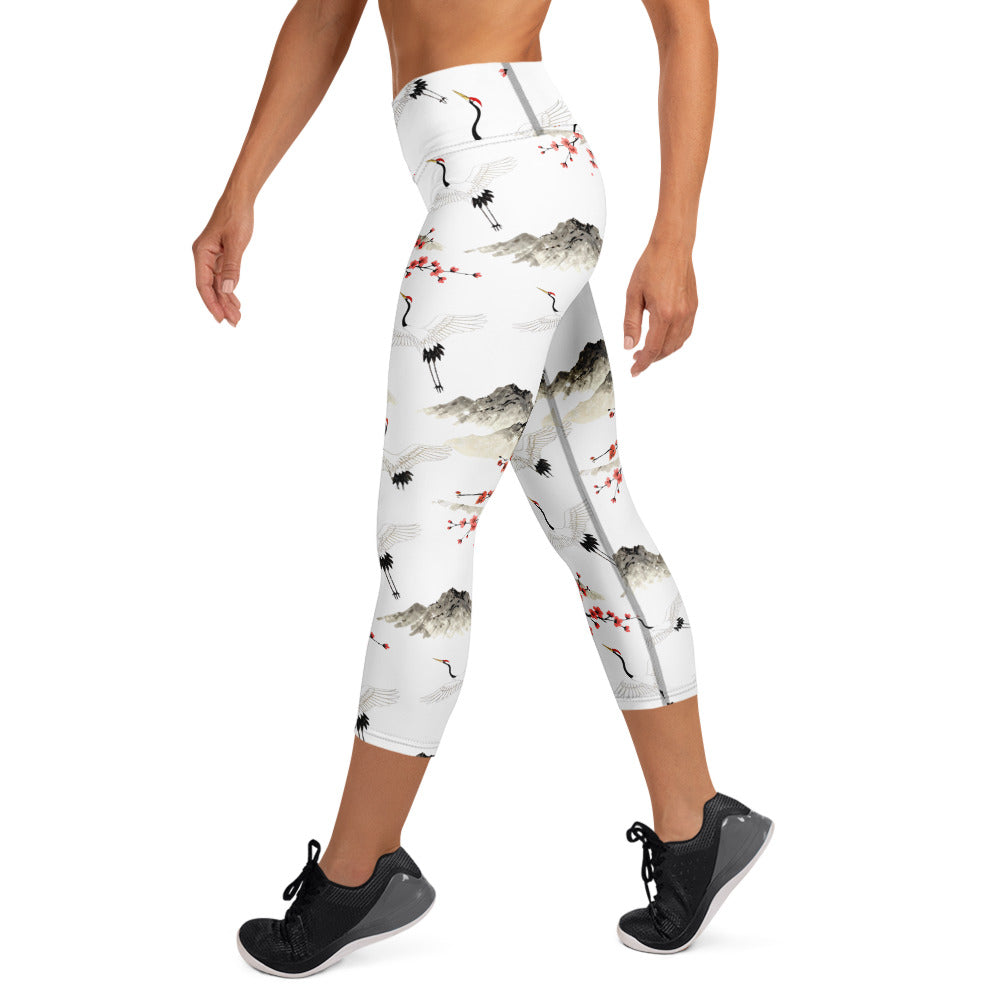 Yoga Capri Leggings - Cranes & Sakura Majesty Leggings – For Elegant Elite Achievers by printfluence.net