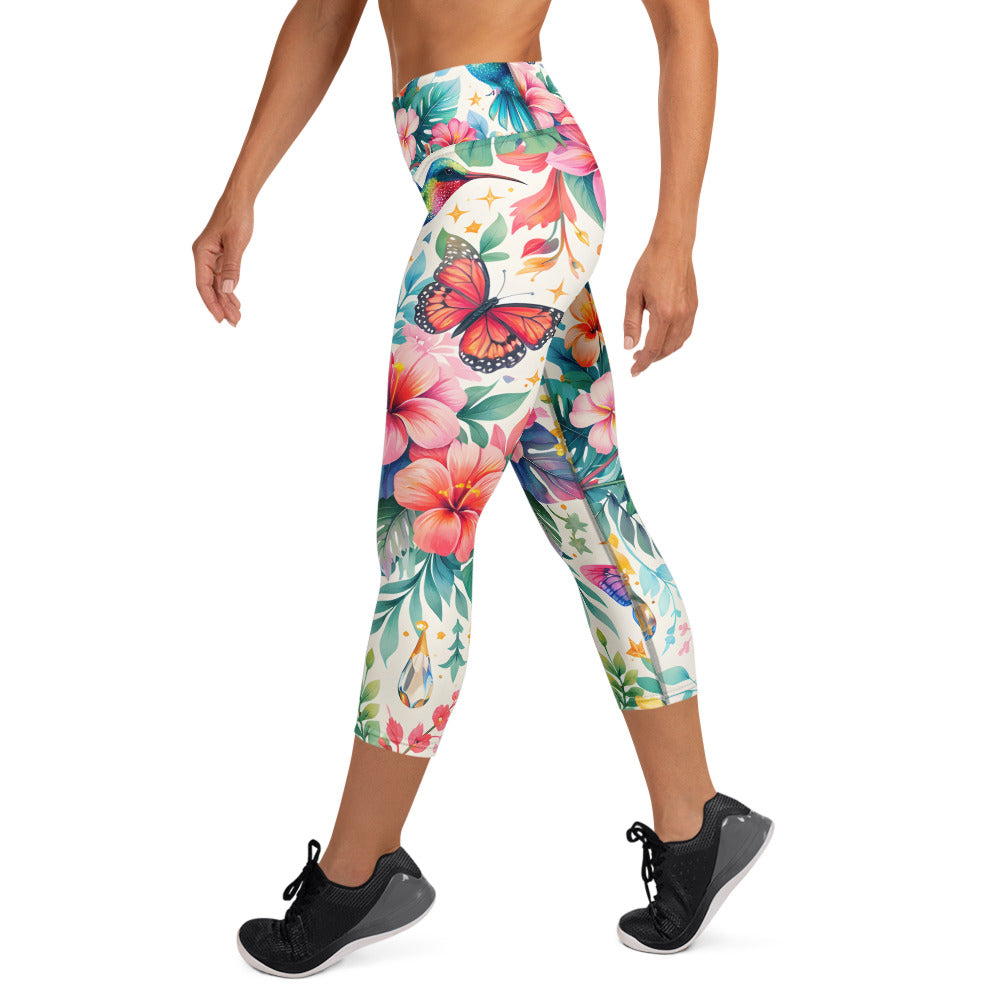 Yoga Capri Leggings - Tropical Bliss: Hummingbird & Hibiscus Yoga Capri Leggings 🕊️🌺 by printfluence.net