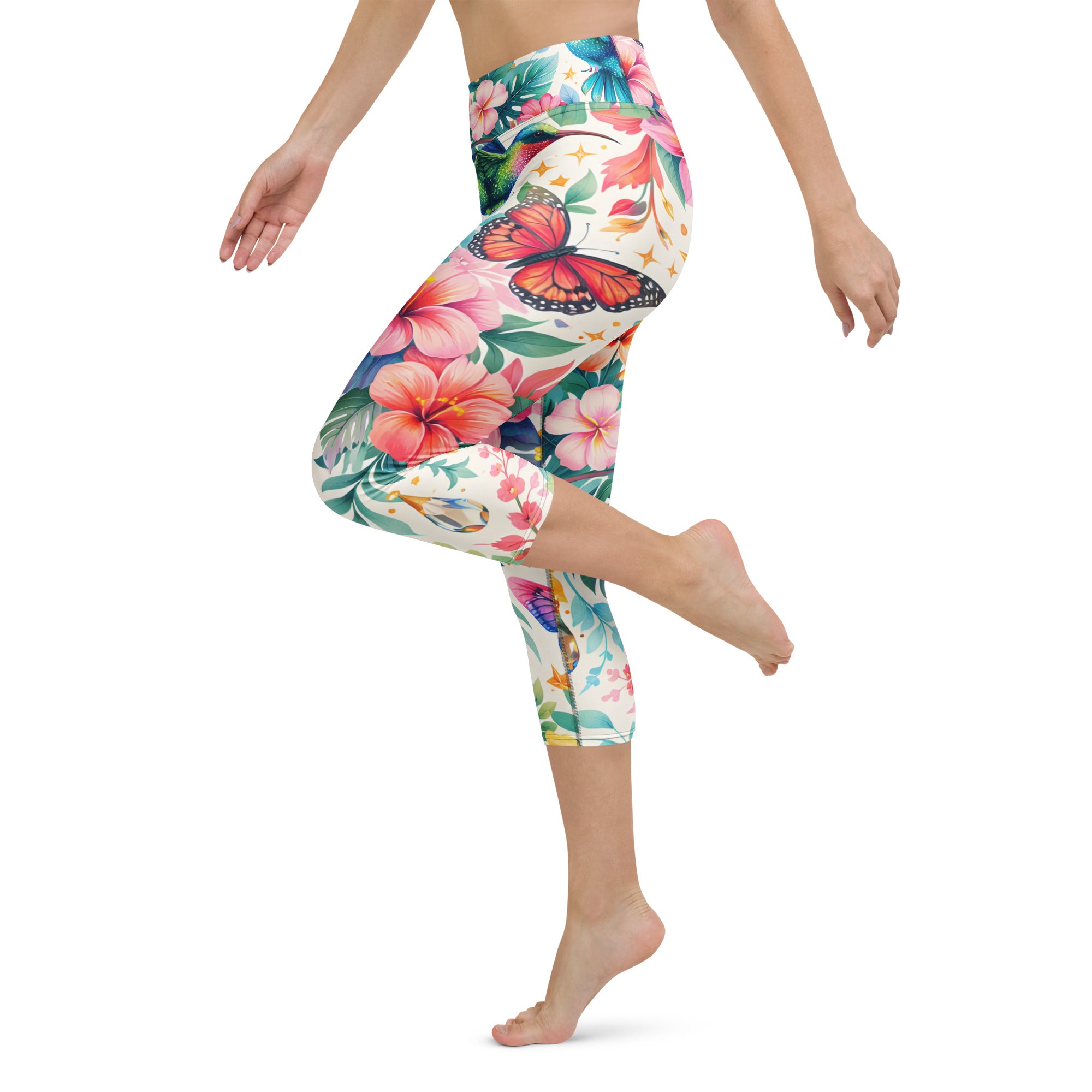 Yoga Capri Leggings - Tropical Bliss: Hummingbird & Hibiscus Yoga Capri Leggings 🕊️🌺 by printfluence.net