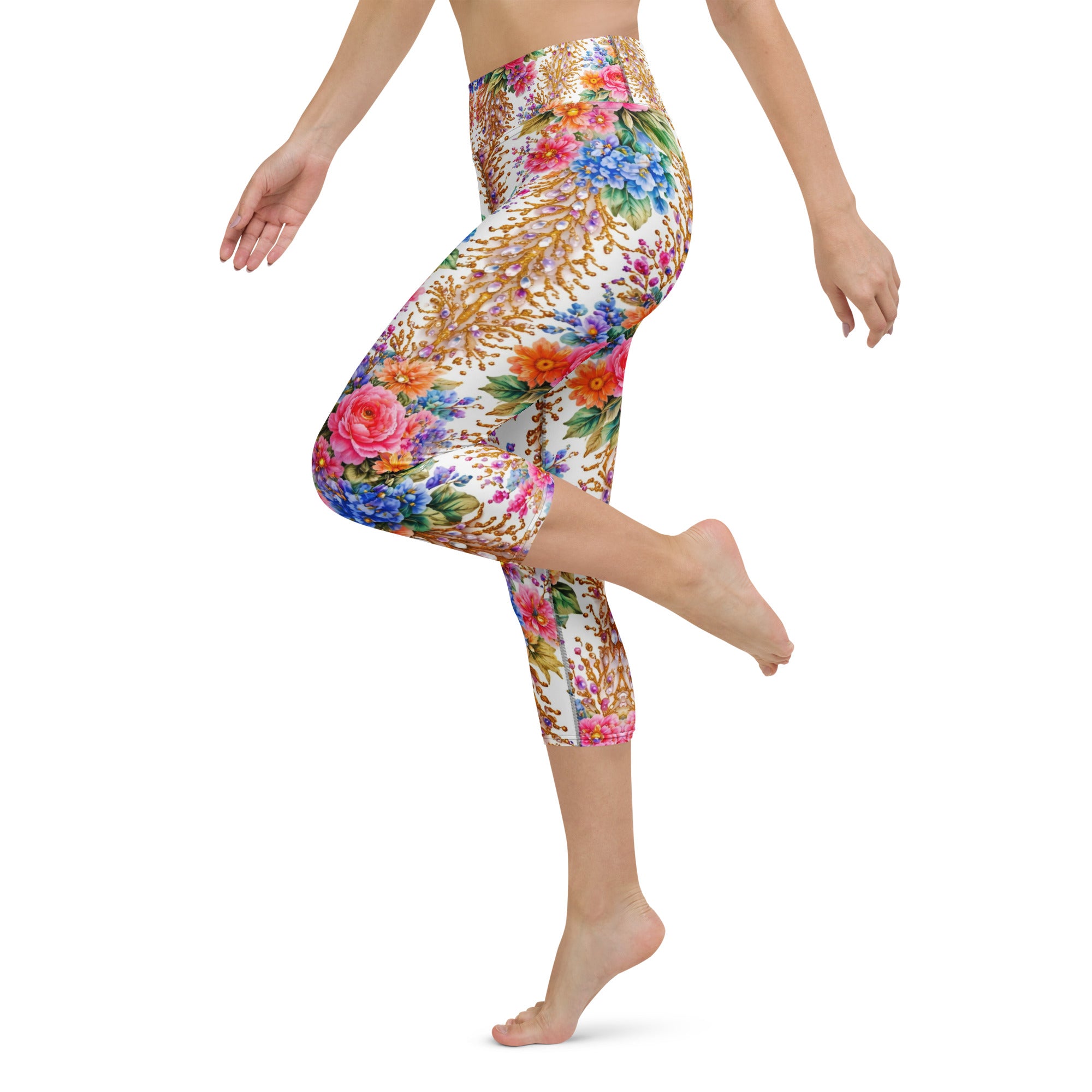 Yoga Capri Leggings - Royal Floral & Golden Jewel Yoga Capri Leggings - Ultra-Soft & Breathable by printfluence.net