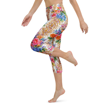 Yoga Capri Leggings - Royal Floral & Golden Jewel Yoga Capri Leggings - Ultra-Soft & Breathable by printfluence.net