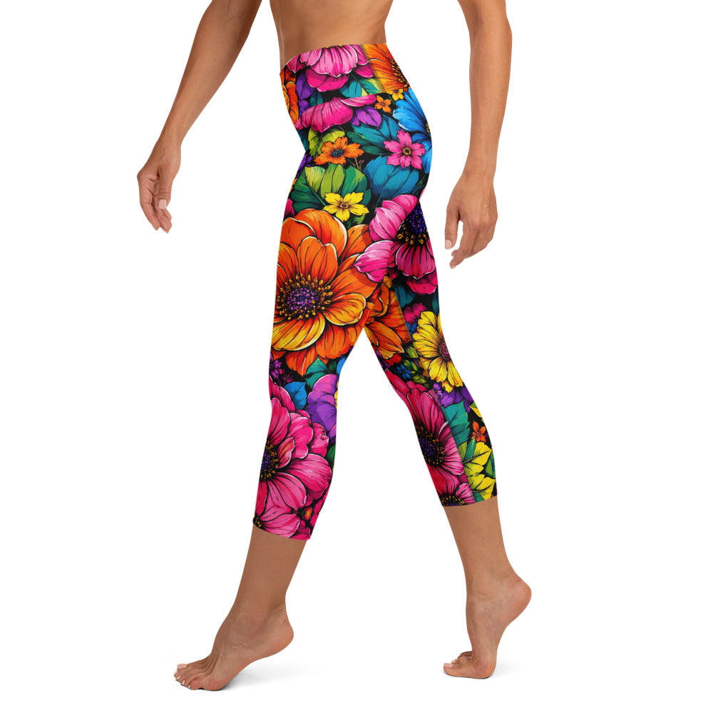 Yoga Capri Leggings - Vibrant Tropical Floral Bloom High-Waisted by printfluence.net