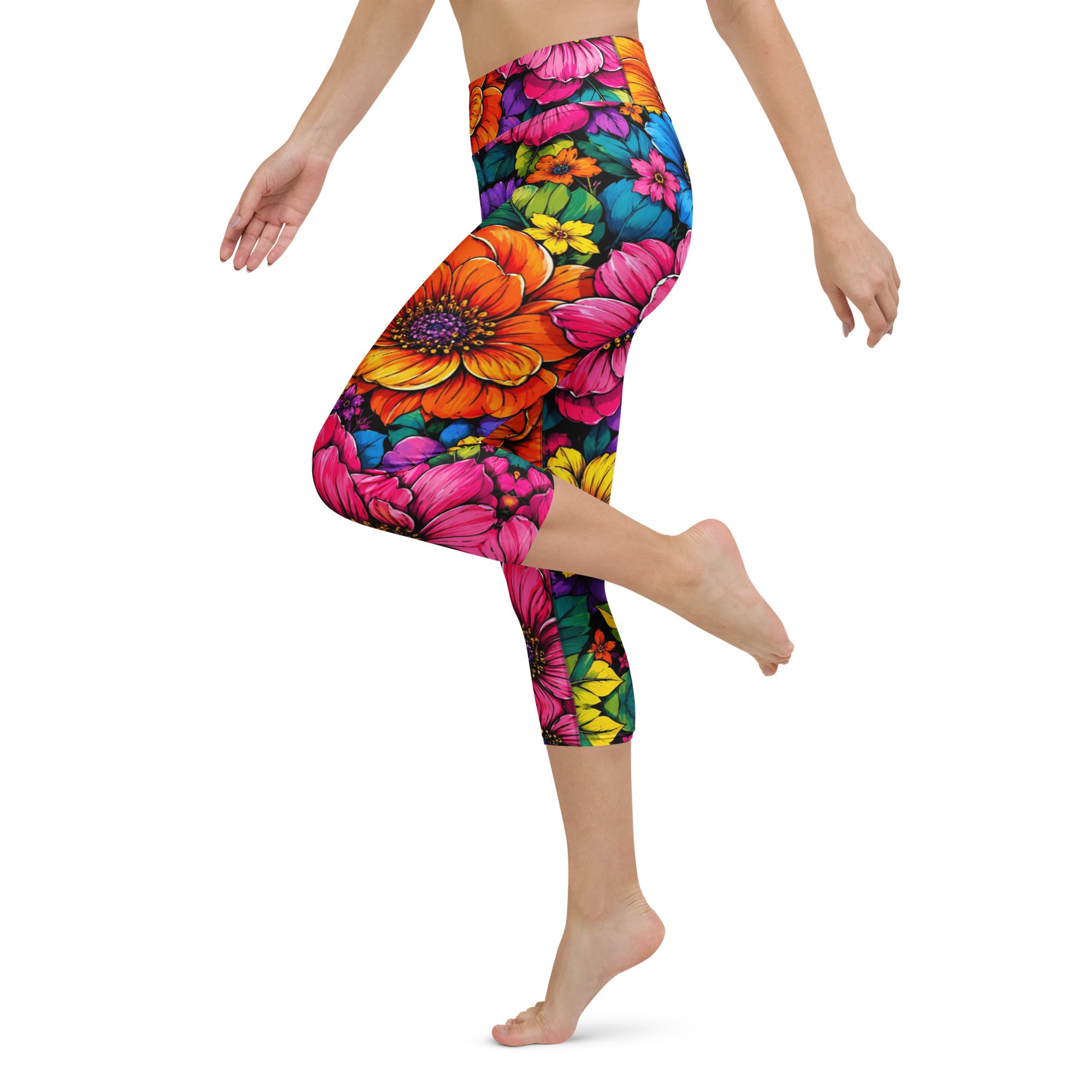 Yoga Capri Leggings - Vibrant Tropical Floral Bloom High-Waisted by printfluence.net