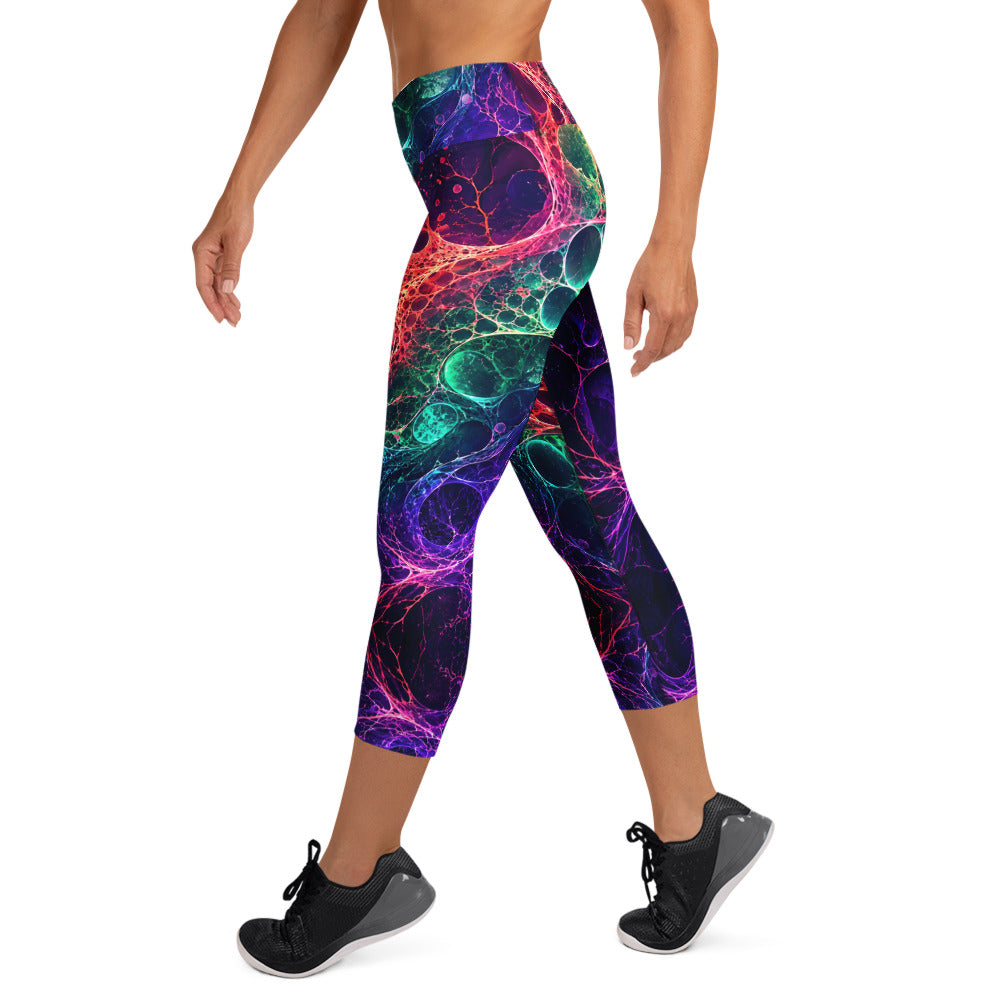 Yoga Capri Leggings - Psychedelic Cosmic Bioluminescence - Premium Neon Fluid Abstract Art Design by printfluence.net
