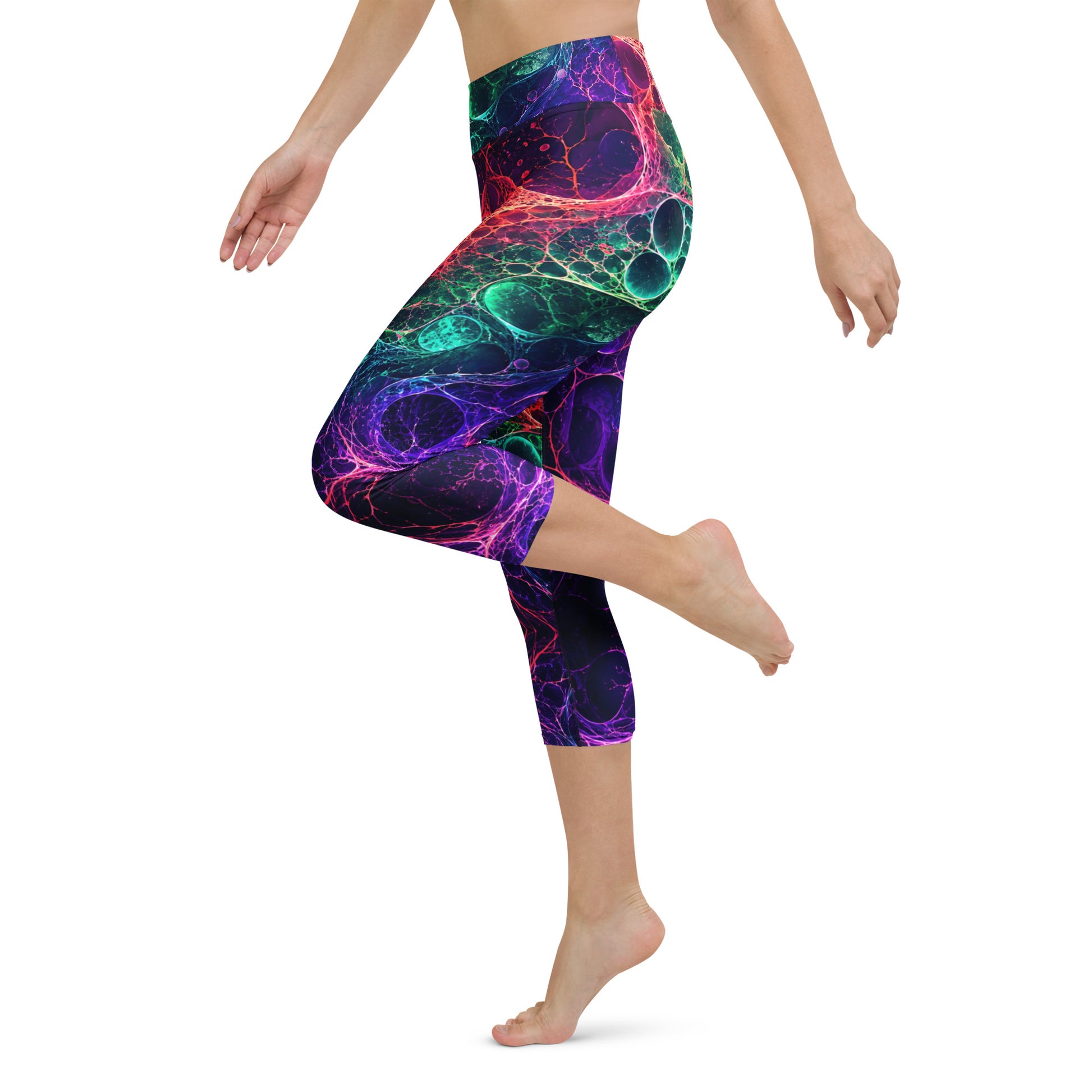 Yoga Capri Leggings - Psychedelic Cosmic Bioluminescence - Premium Neon Fluid Abstract Art Design by printfluence.net