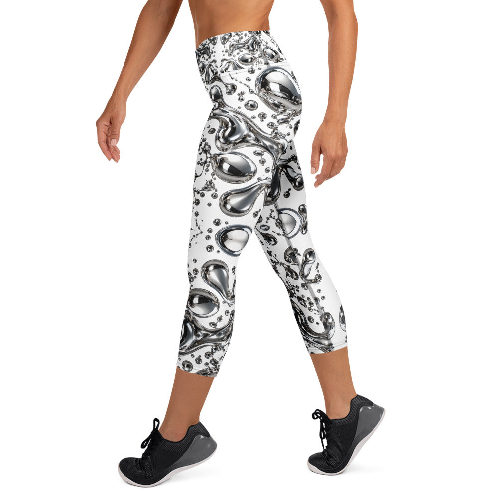 Heritage Bloom Lovers | All-Over Print Yoga Capri Leggings — Liquid Silver Chrome and Reflective Metallic Drop Pattern by printfluence
