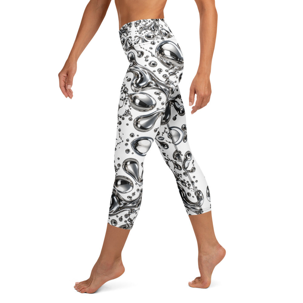 Heritage Bloom Lovers | All-Over Print Yoga Capri Leggings — Liquid Silver Chrome and Reflective Metallic Drop Pattern by printfluence