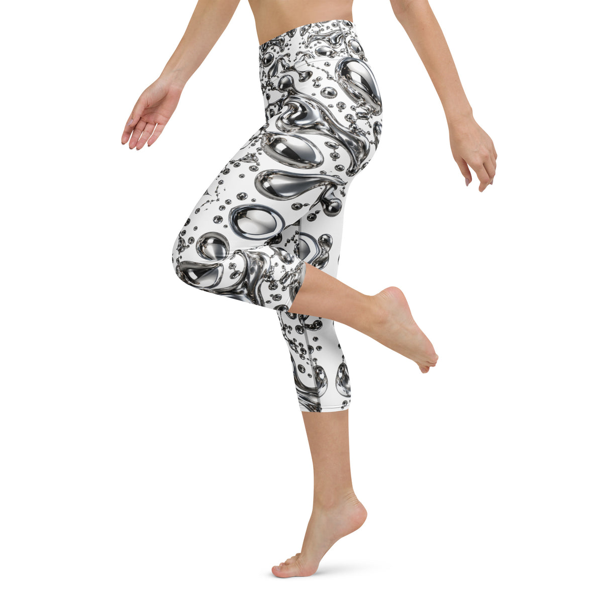 Heritage Bloom Lovers | All-Over Print Yoga Capri Leggings — Liquid Silver Chrome and Reflective Metallic Drop Pattern by printfluence
