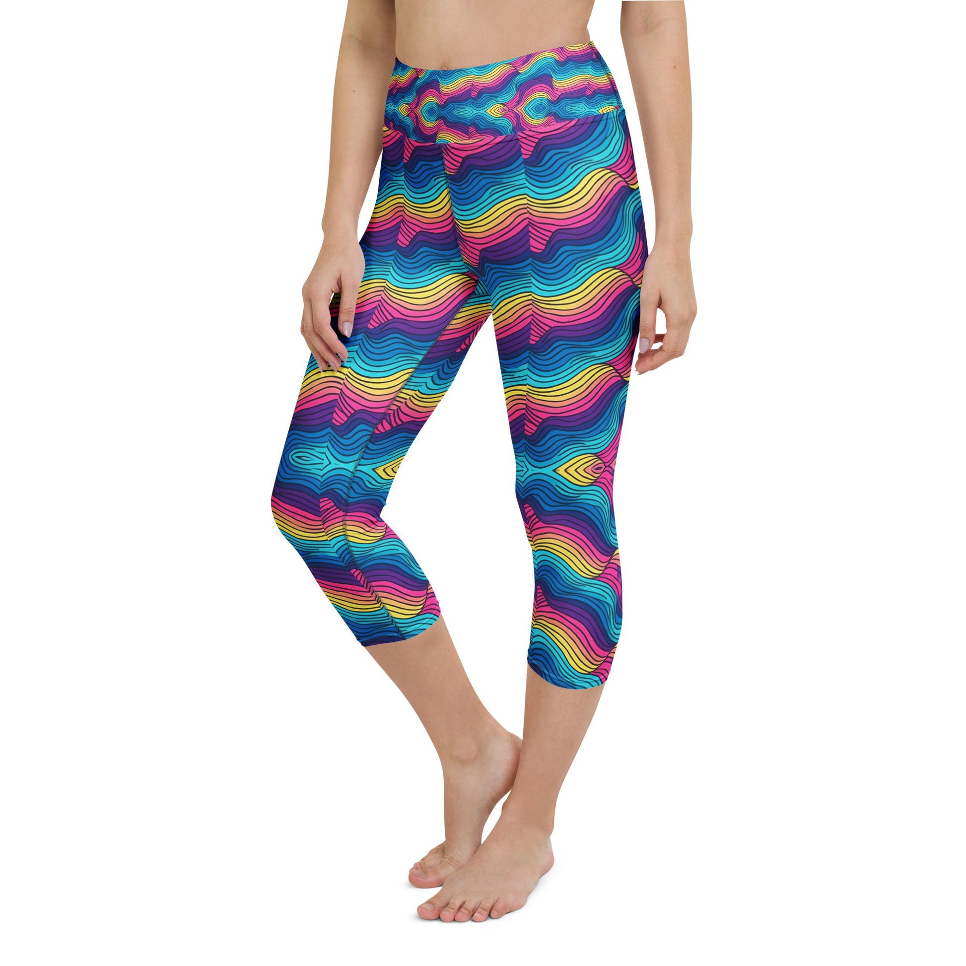 Yoga Capri Leggings - Ocean Dream Wave Leggings – Blue Pink Purple Flow by printfluence.net