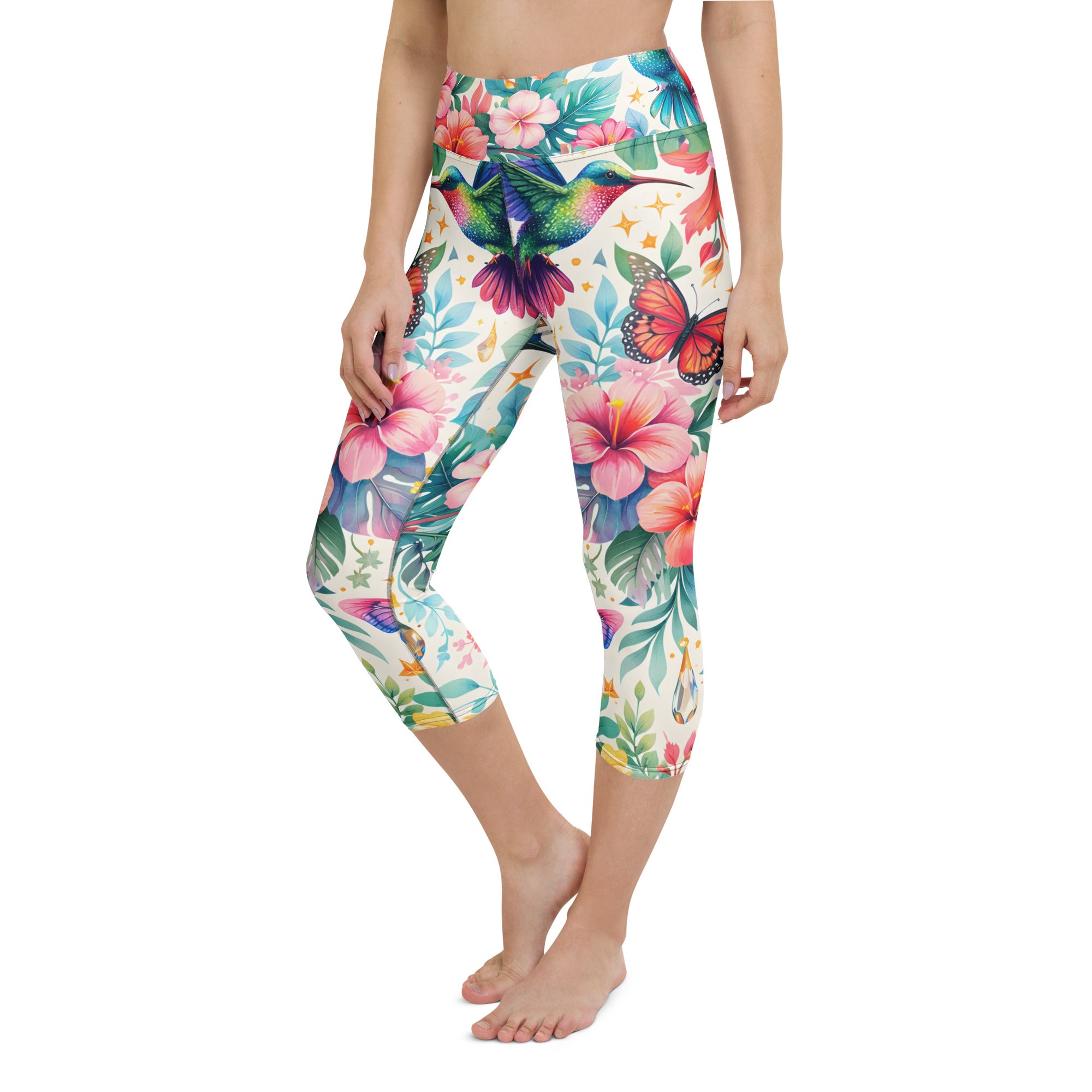 Yoga Capri Leggings - Tropical Bliss: Hummingbird & Hibiscus Yoga Capri Leggings 🕊️🌺 by printfluence.net