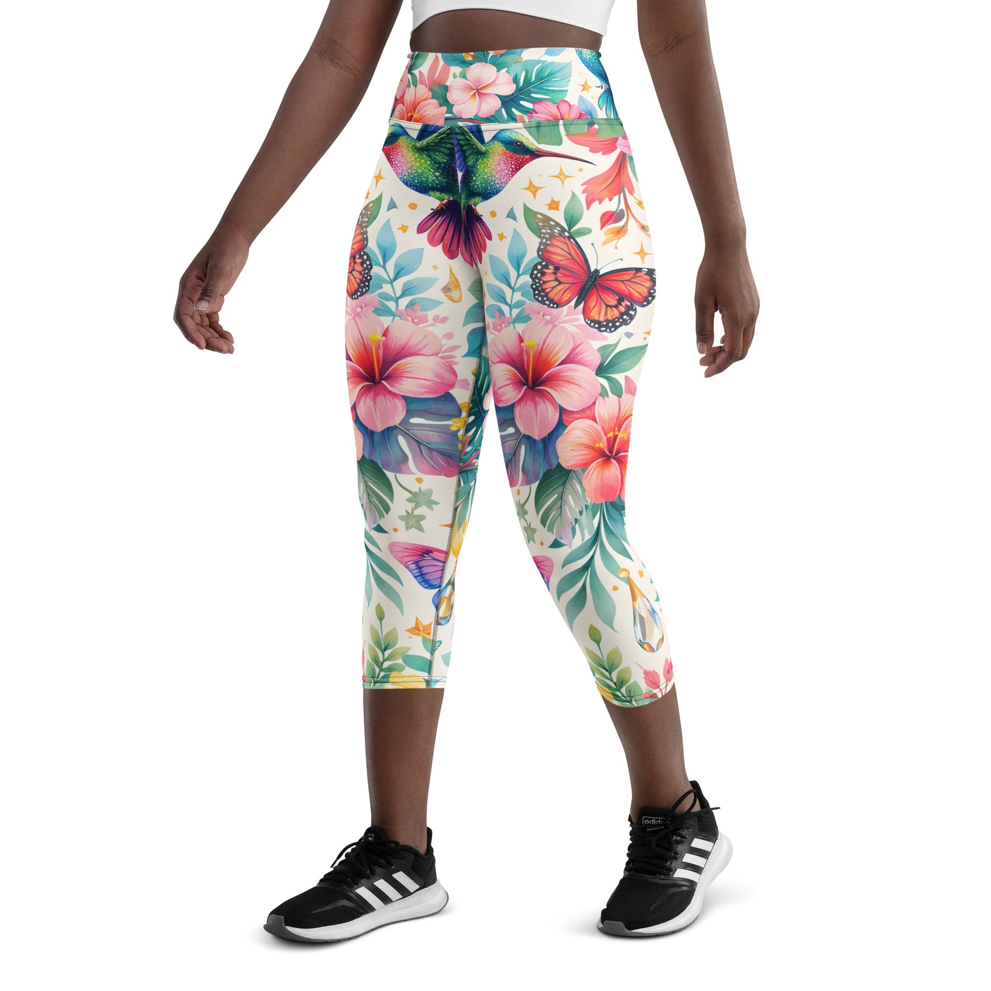 Yoga Capri Leggings - Tropical Bliss: Hummingbird & Hibiscus Yoga Capri Leggings 🕊️🌺 by printfluence.net