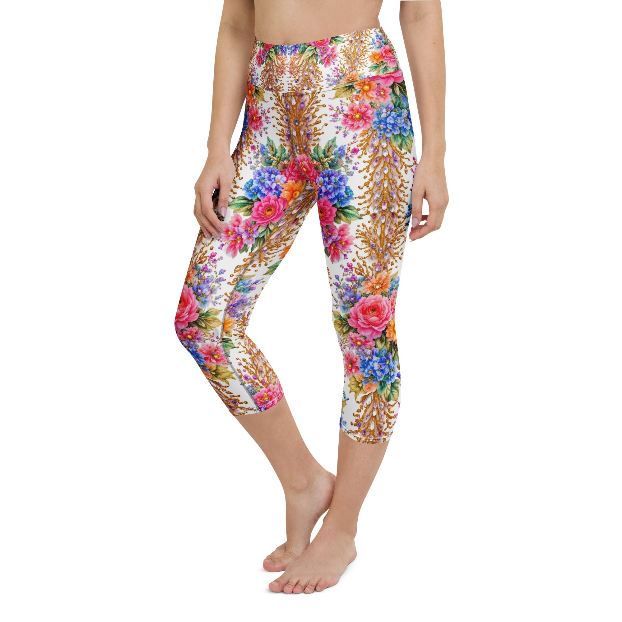 Yoga Capri Leggings - Royal Floral & Golden Jewel Yoga Capri Leggings - Ultra-Soft & Breathable by printfluence.net