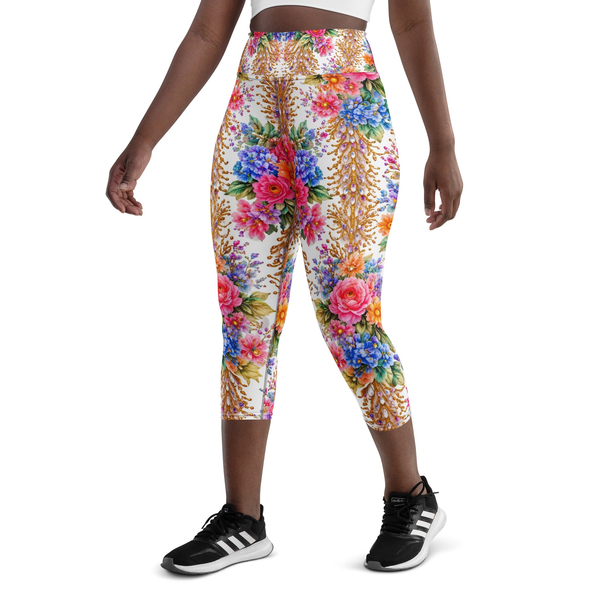 Yoga Capri Leggings - Royal Floral & Golden Jewel Yoga Capri Leggings - Ultra-Soft & Breathable by printfluence.net