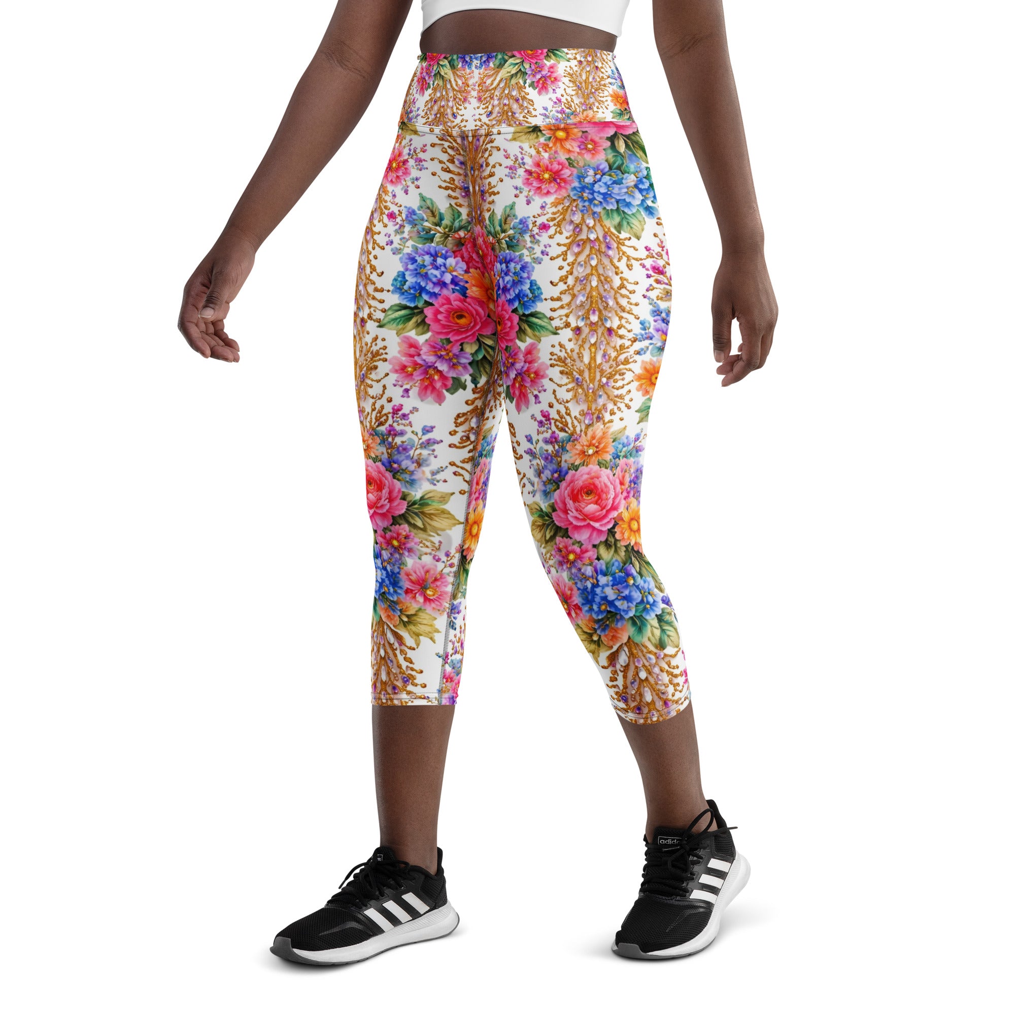 Yoga Capri Leggings - Royal Floral & Golden Jewel Yoga Capri Leggings - Ultra-Soft & Breathable by printfluence.net