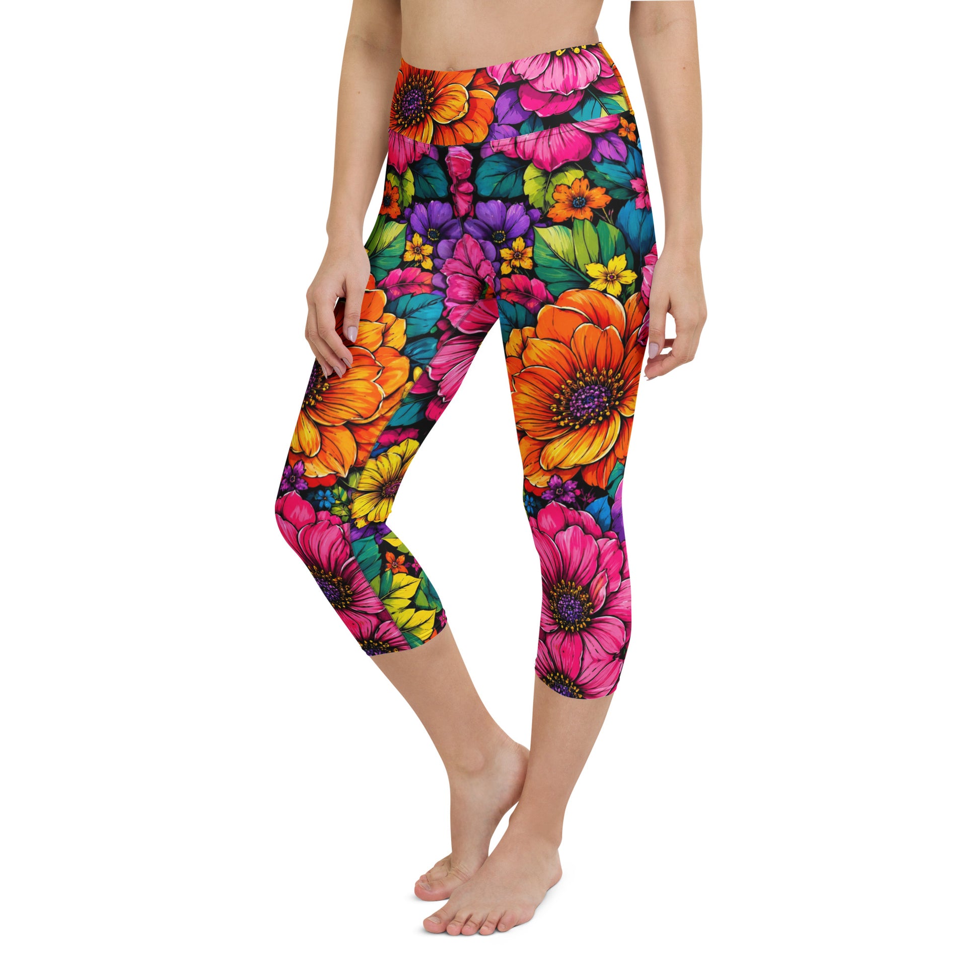 Yoga Capri Leggings - Vibrant Tropical Floral Bloom High-Waisted by printfluence.net