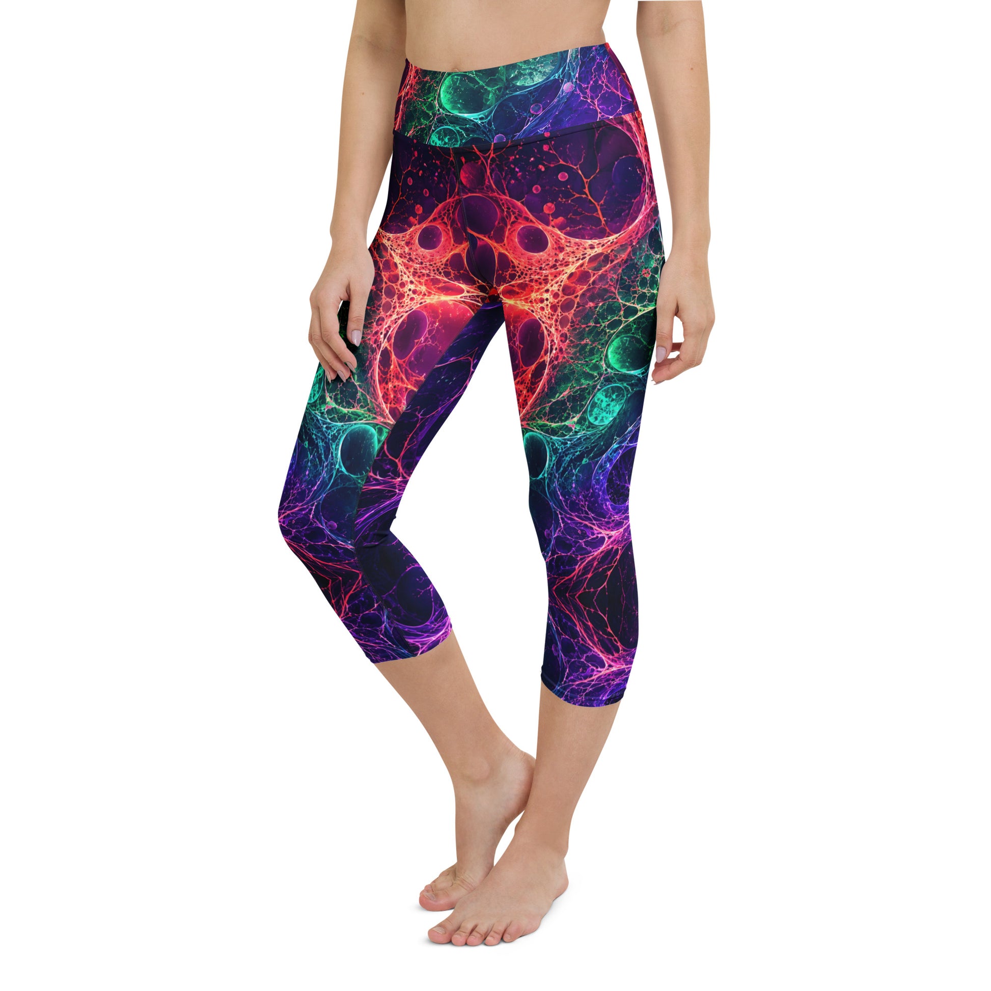 Yoga Capri Leggings - Psychedelic Cosmic Bioluminescence - Premium Neon Fluid Abstract Art Design by printfluence.net