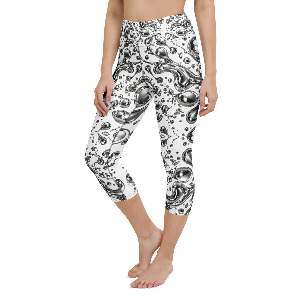 Heritage Bloom Lovers | All-Over Print Yoga Capri Leggings — Liquid Silver Chrome and Reflective Metallic Drop Pattern by printfluence