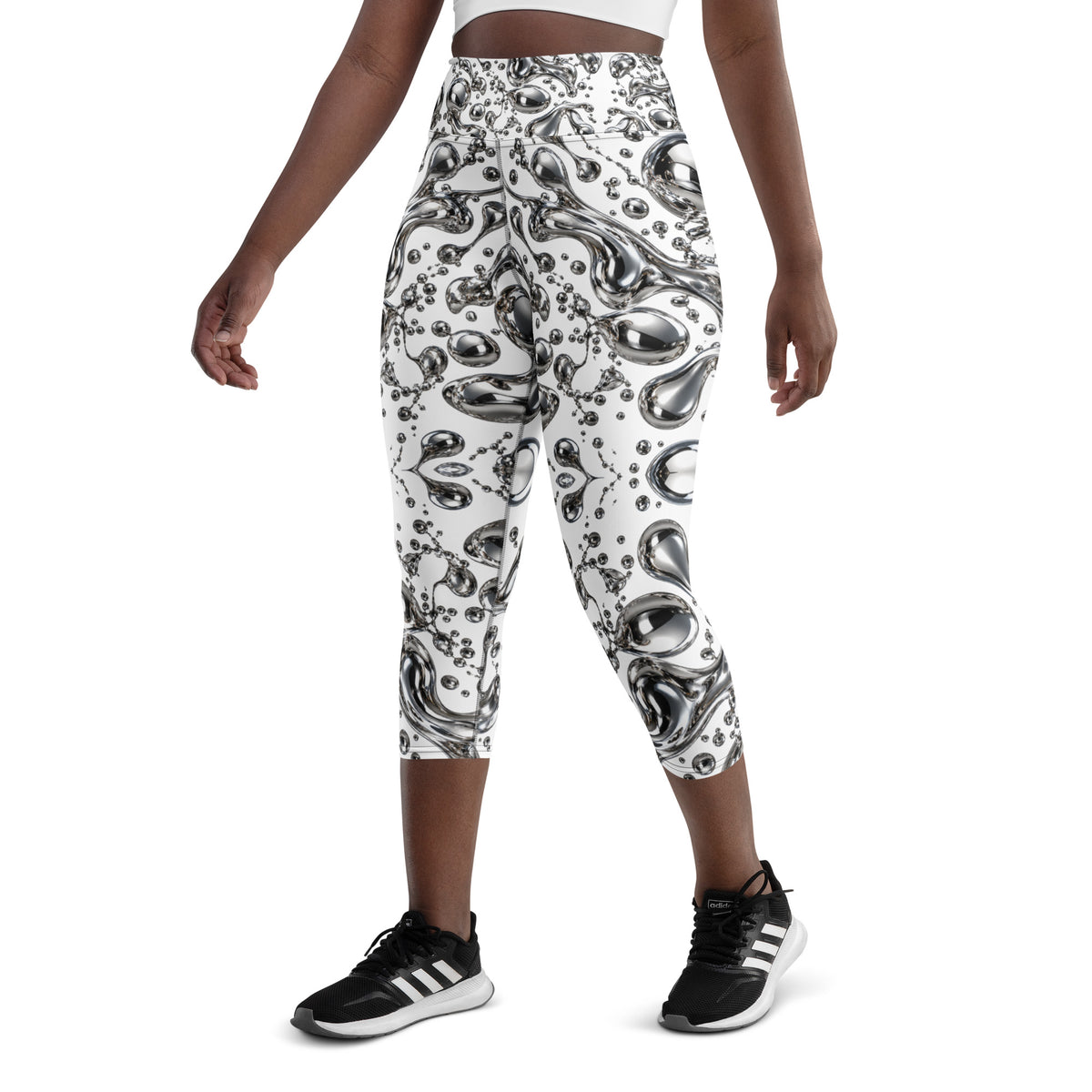 Heritage Bloom Lovers | All-Over Print Yoga Capri Leggings — Liquid Silver Chrome and Reflective Metallic Drop Pattern by printfluence