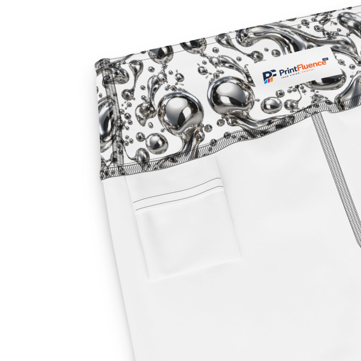Heritage Bloom Lovers | All-Over Print Yoga Capri Leggings — Liquid Silver Chrome and Reflective Metallic Drop Pattern by printfluence
