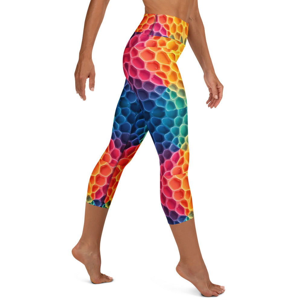 Yoga Capri Leggings - Rainbow Honeycomb Cells Leggings – Vibrant Hexagon Pattern Yoga Pants by printfluence.net