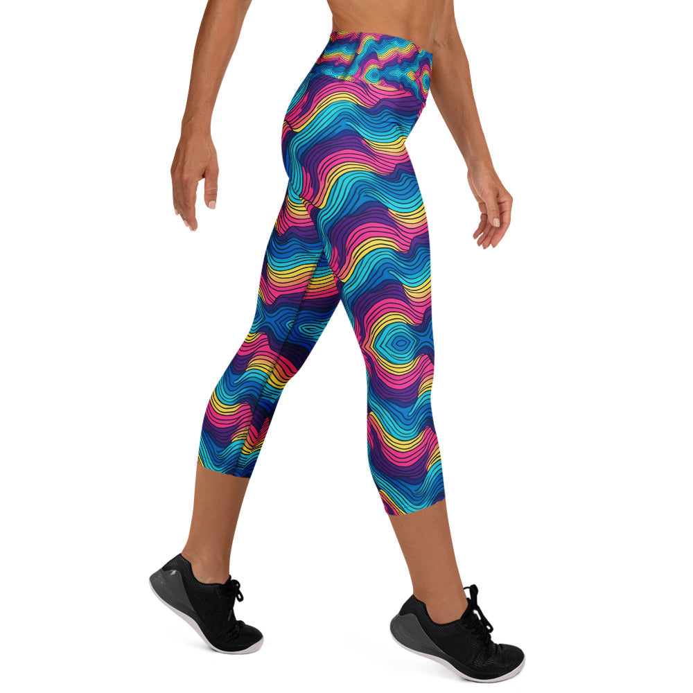 Yoga Capri Leggings - Ocean Dream Wave Leggings – Blue Pink Purple Flow by printfluence.net