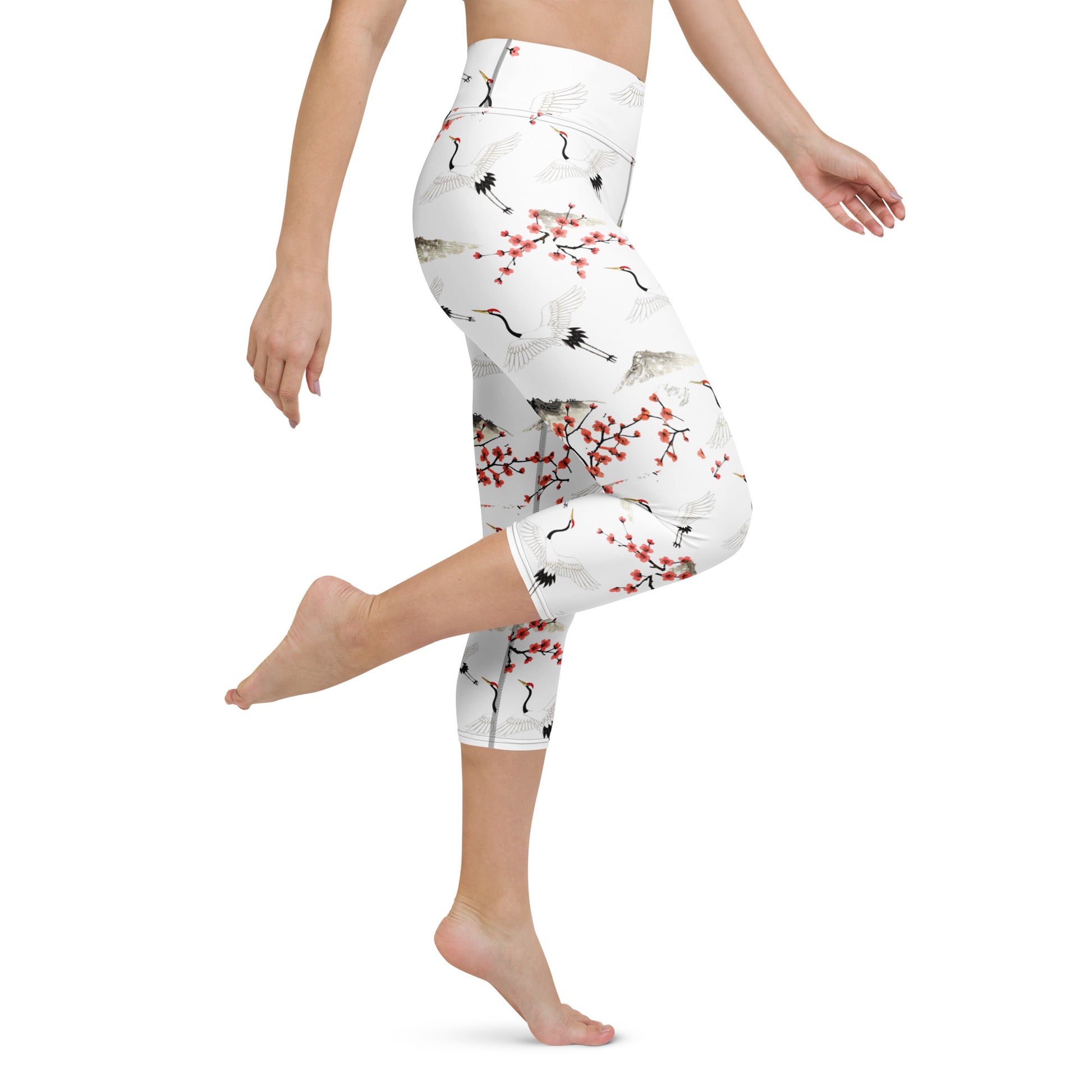 Yoga Capri Leggings - Cranes & Sakura Majesty Leggings – For Elegant Elite Achievers by printfluence.net