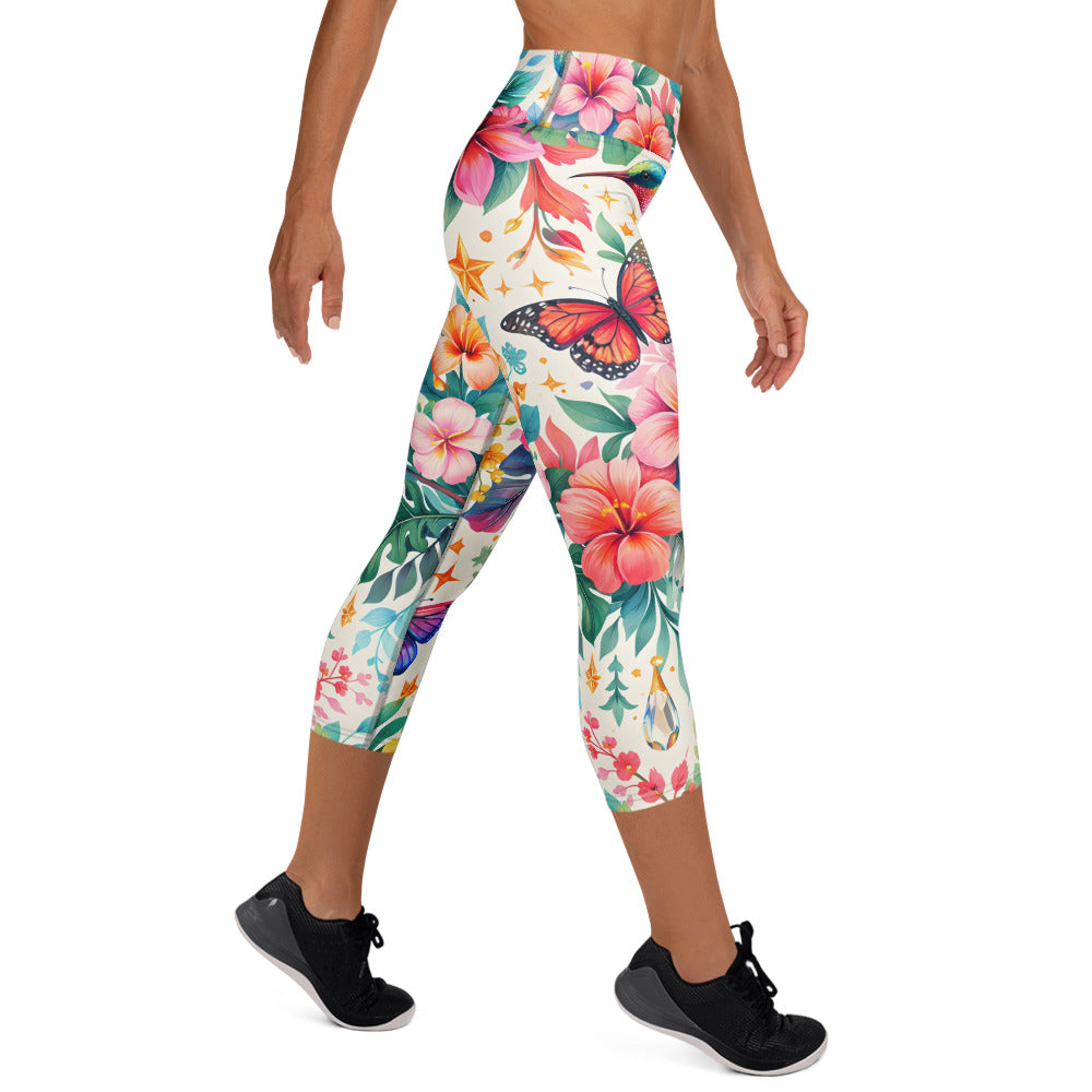 Yoga Capri Leggings - Tropical Bliss: Hummingbird & Hibiscus Yoga Capri Leggings 🕊️🌺 by printfluence.net