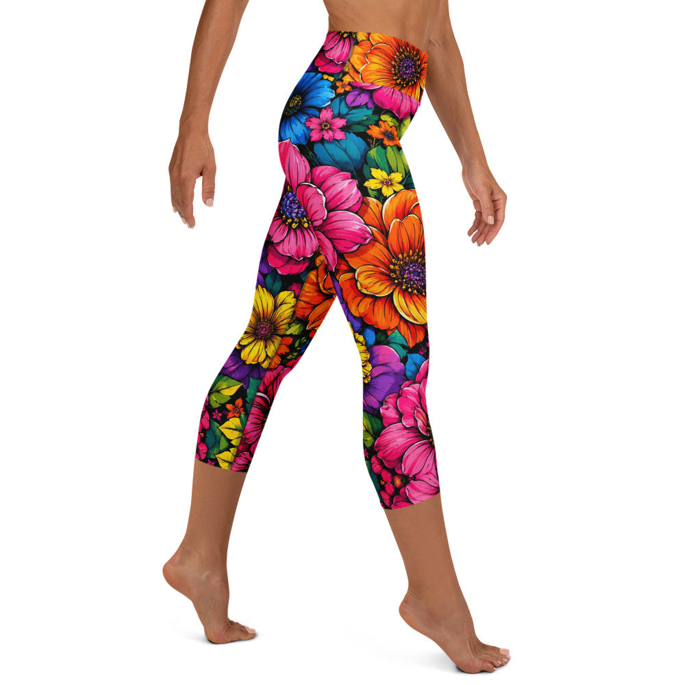 Yoga Capri Leggings - Vibrant Tropical Floral Bloom High-Waisted by printfluence.net