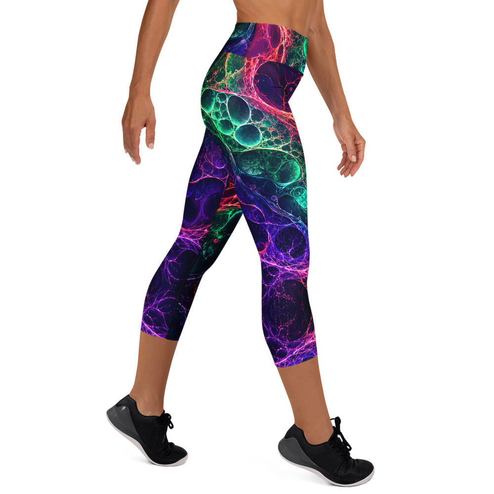 Yoga Capri Leggings - Psychedelic Cosmic Bioluminescence - Premium Neon Fluid Abstract Art Design by printfluence.net