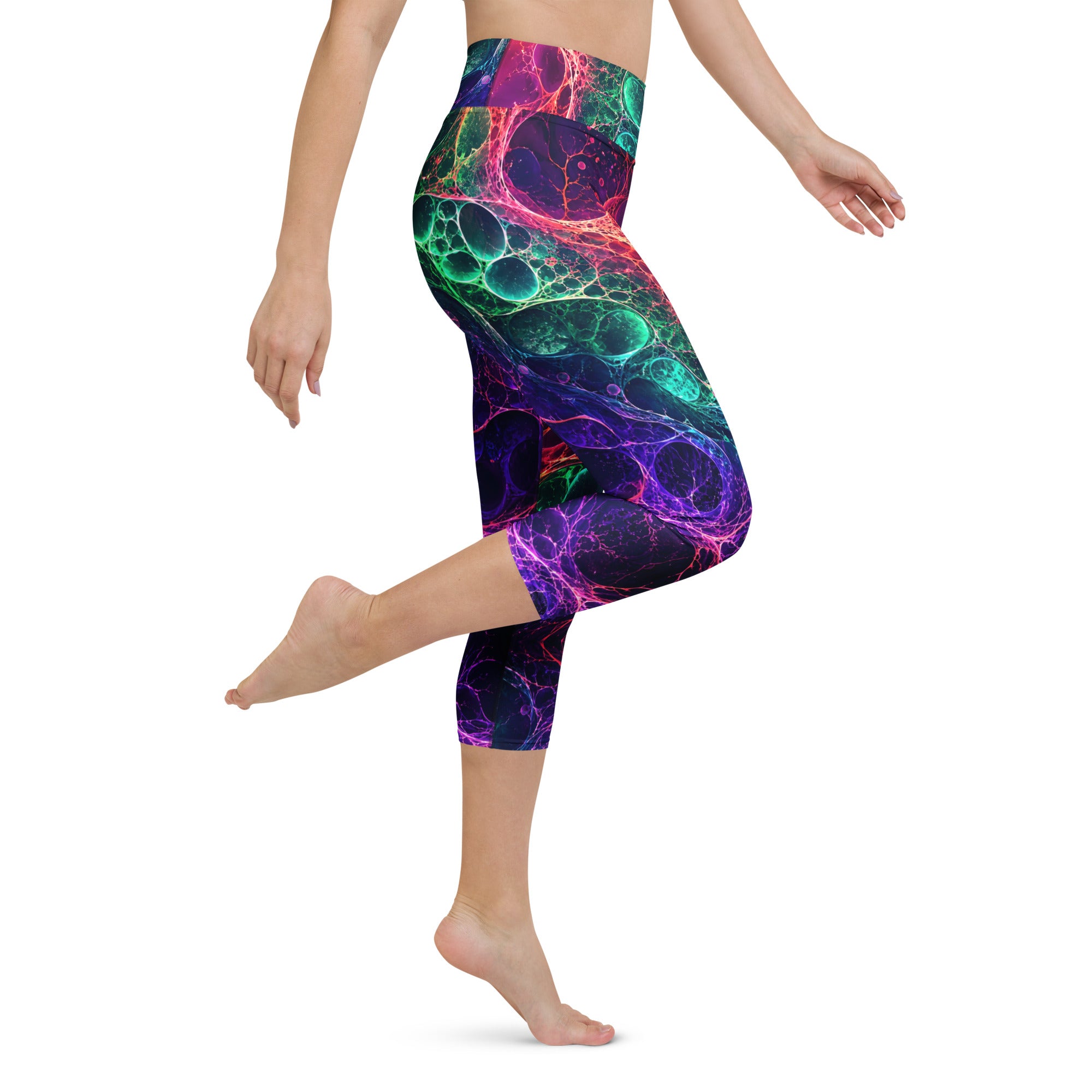 Yoga Capri Leggings - Psychedelic Cosmic Bioluminescence - Premium Neon Fluid Abstract Art Design by printfluence.net