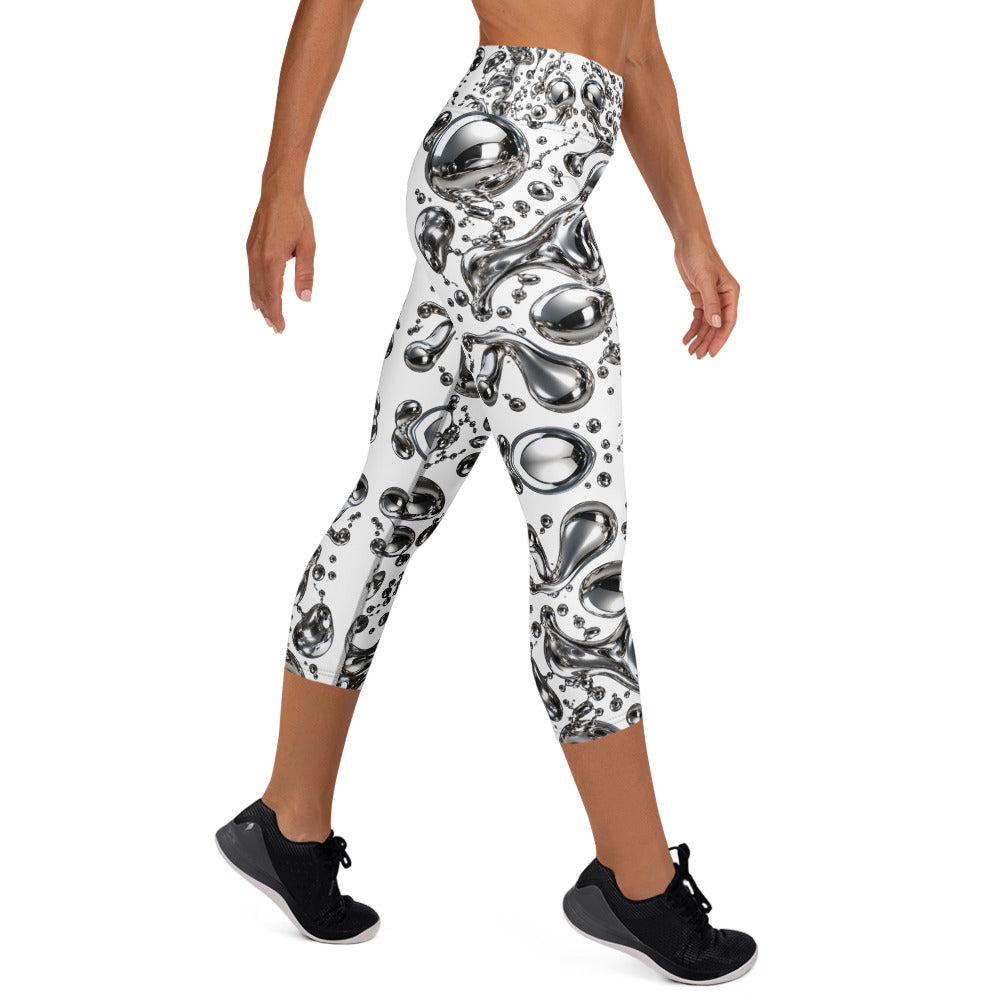 Heritage Bloom Lovers | All-Over Print Yoga Capri Leggings — Liquid Silver Chrome and Reflective Metallic Drop Pattern by printfluence