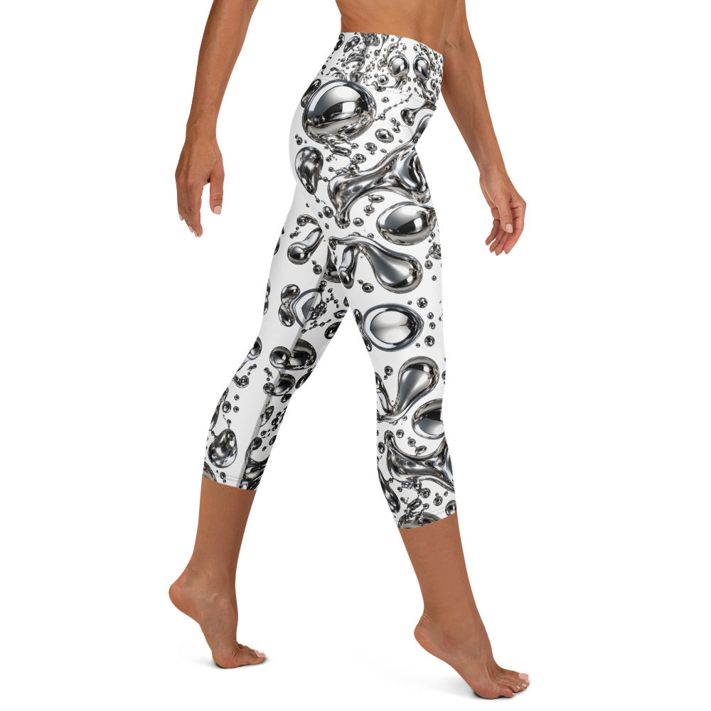 Heritage Bloom Lovers | All-Over Print Yoga Capri Leggings — Liquid Silver Chrome and Reflective Metallic Drop Pattern by printfluence