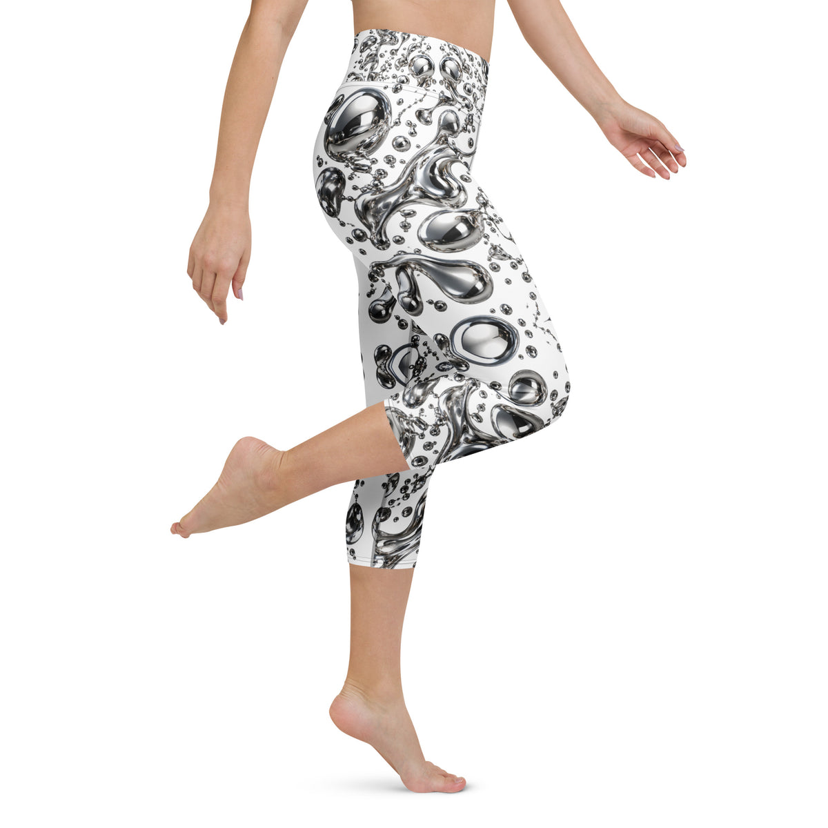 Heritage Bloom Lovers | All-Over Print Yoga Capri Leggings — Liquid Silver Chrome and Reflective Metallic Drop Pattern by printfluence