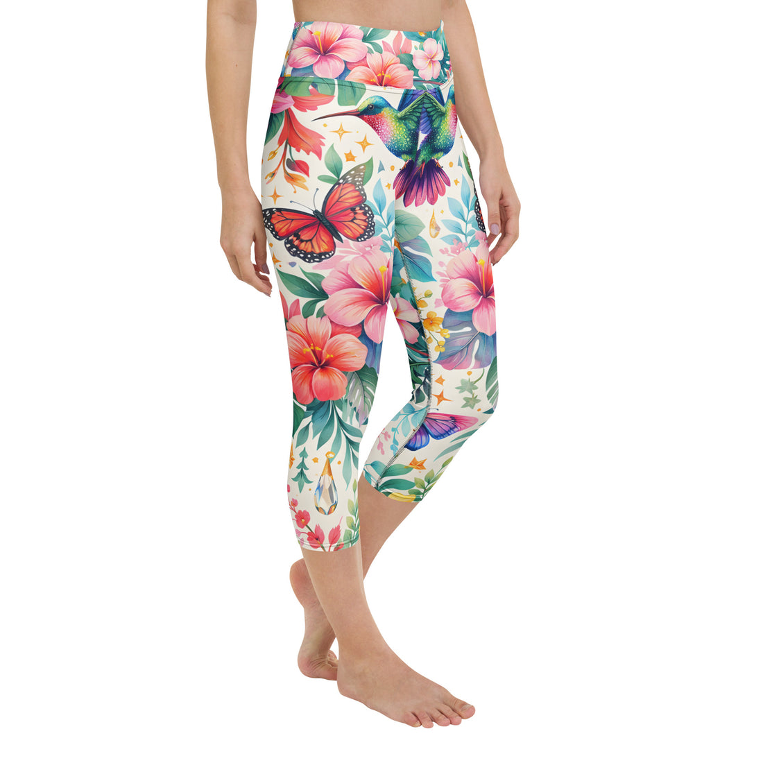 Yoga Capri Leggings - Tropical Bliss: Hummingbird & Hibiscus Yoga Capri Leggings 🕊️🌺 by printfluence.net