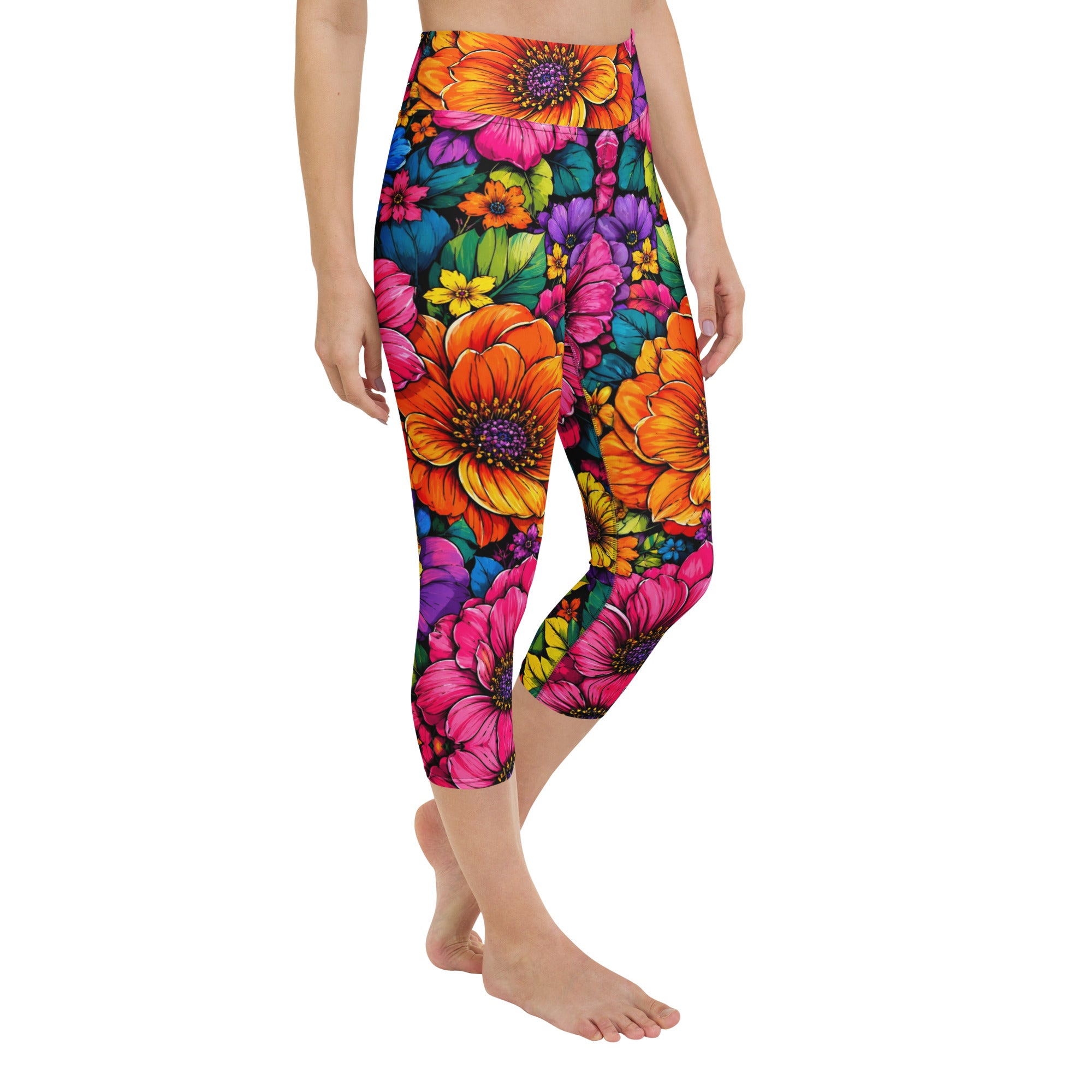 Yoga Capri Leggings - Vibrant Tropical Floral Bloom High-Waisted by printfluence.net