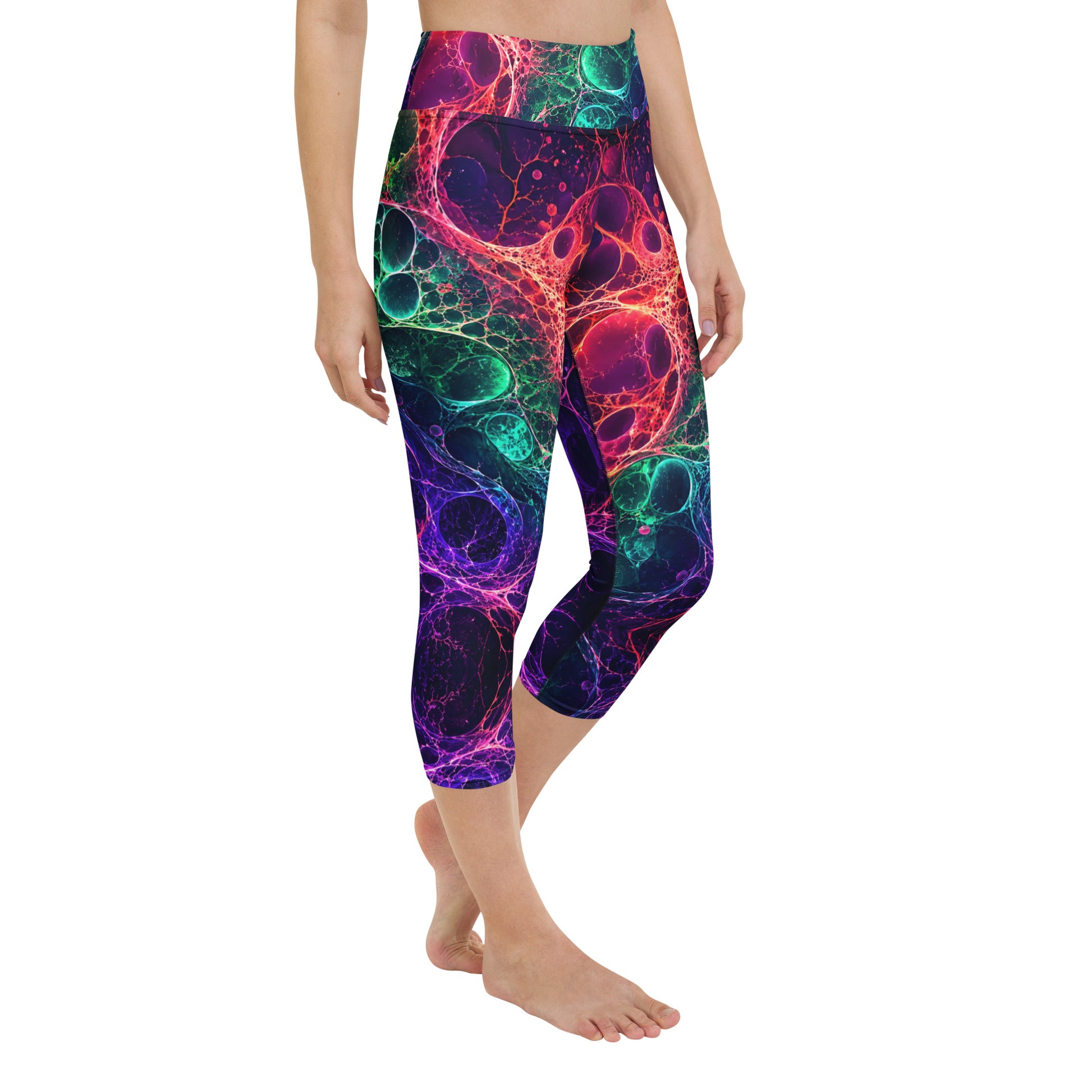 Yoga Capri Leggings - Psychedelic Cosmic Bioluminescence - Premium Neon Fluid Abstract Art Design by printfluence.net