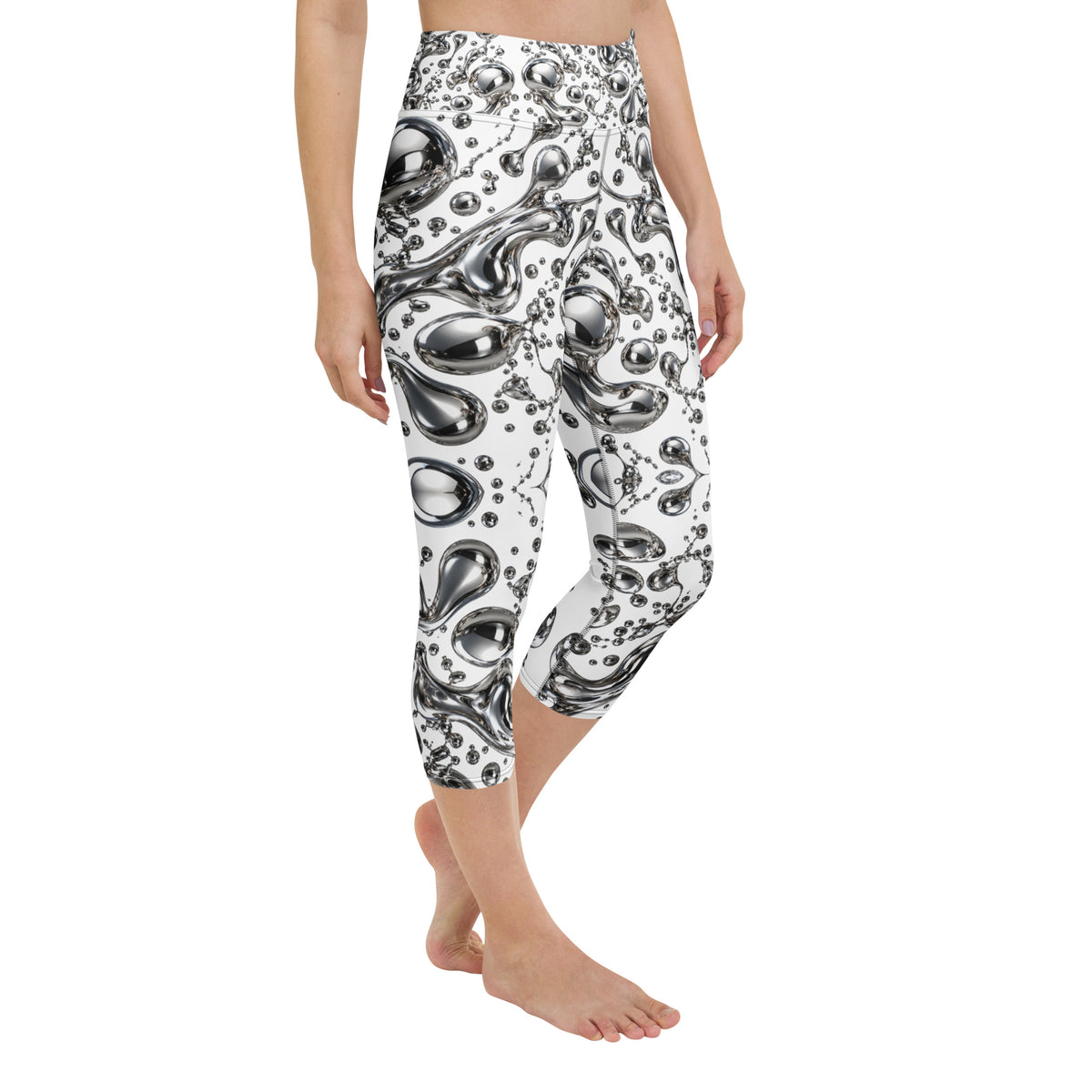 Heritage Bloom Lovers | All-Over Print Yoga Capri Leggings — Liquid Silver Chrome and Reflective Metallic Drop Pattern by printfluence