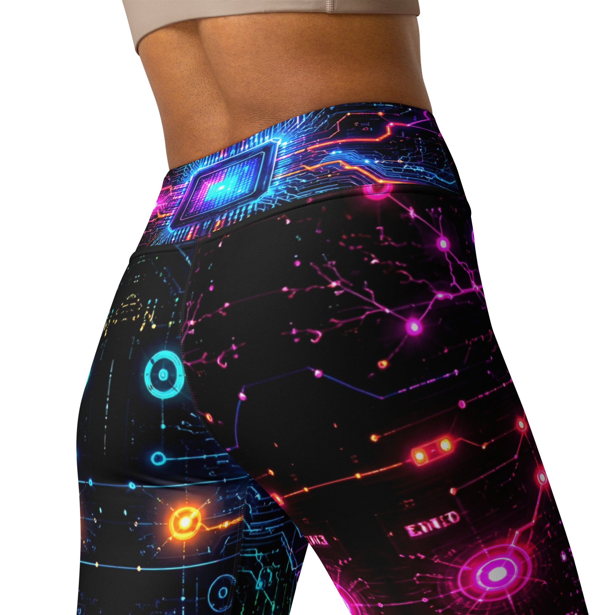 Yoga Leggings - Cyber Neon Circuit Board - Premium Futuristic Electric Processor Design by printfluence.net
