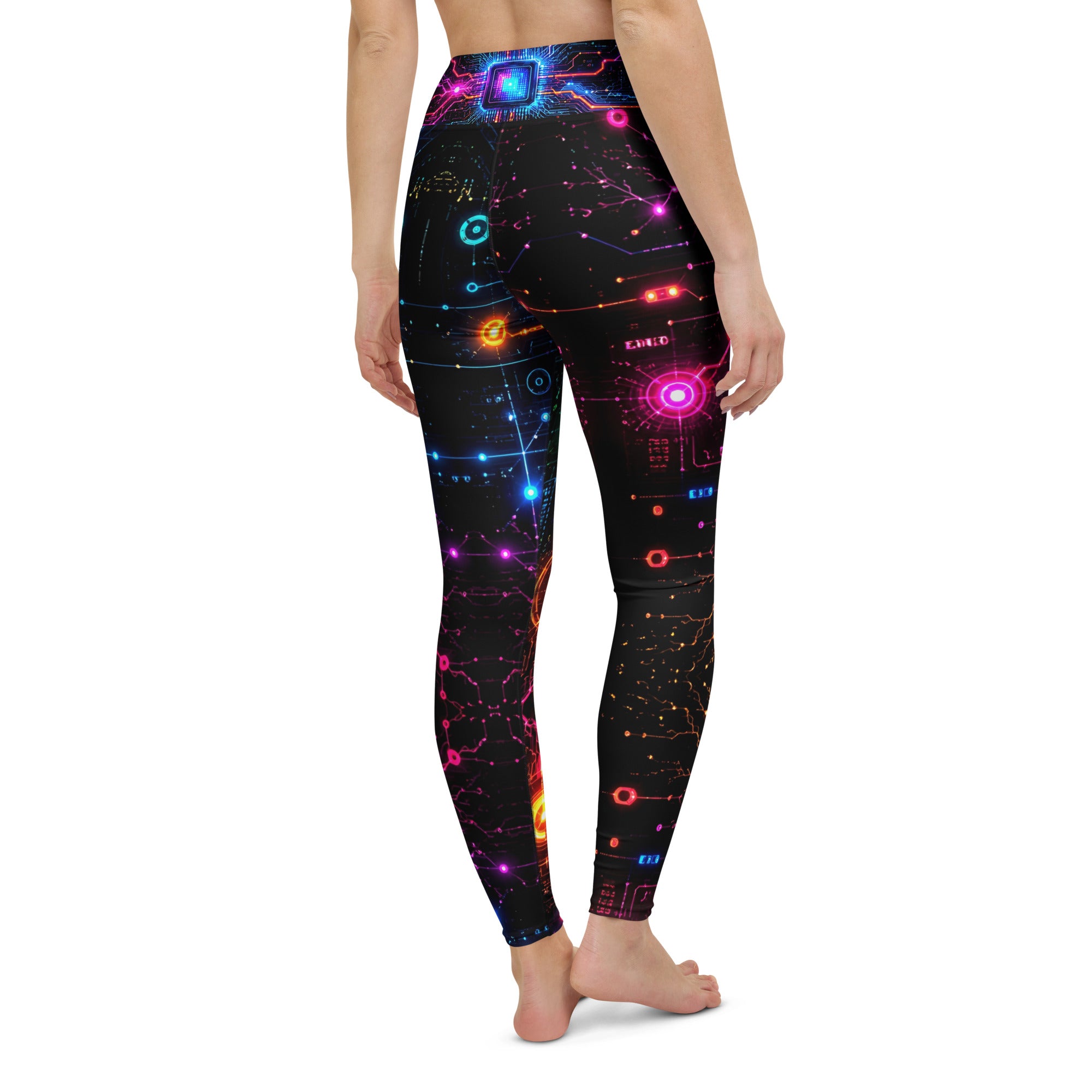 Yoga Leggings - Cyber Neon Circuit Board - Premium Futuristic Electric Processor Design by printfluence.net