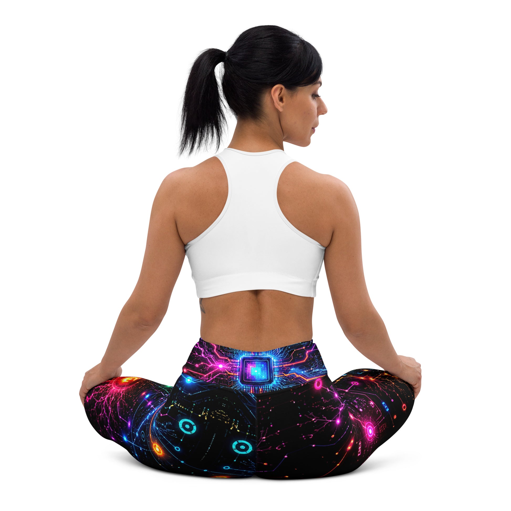 Yoga Leggings - Cyber Neon Circuit Board - Premium Futuristic Electric Processor Design by printfluence.net